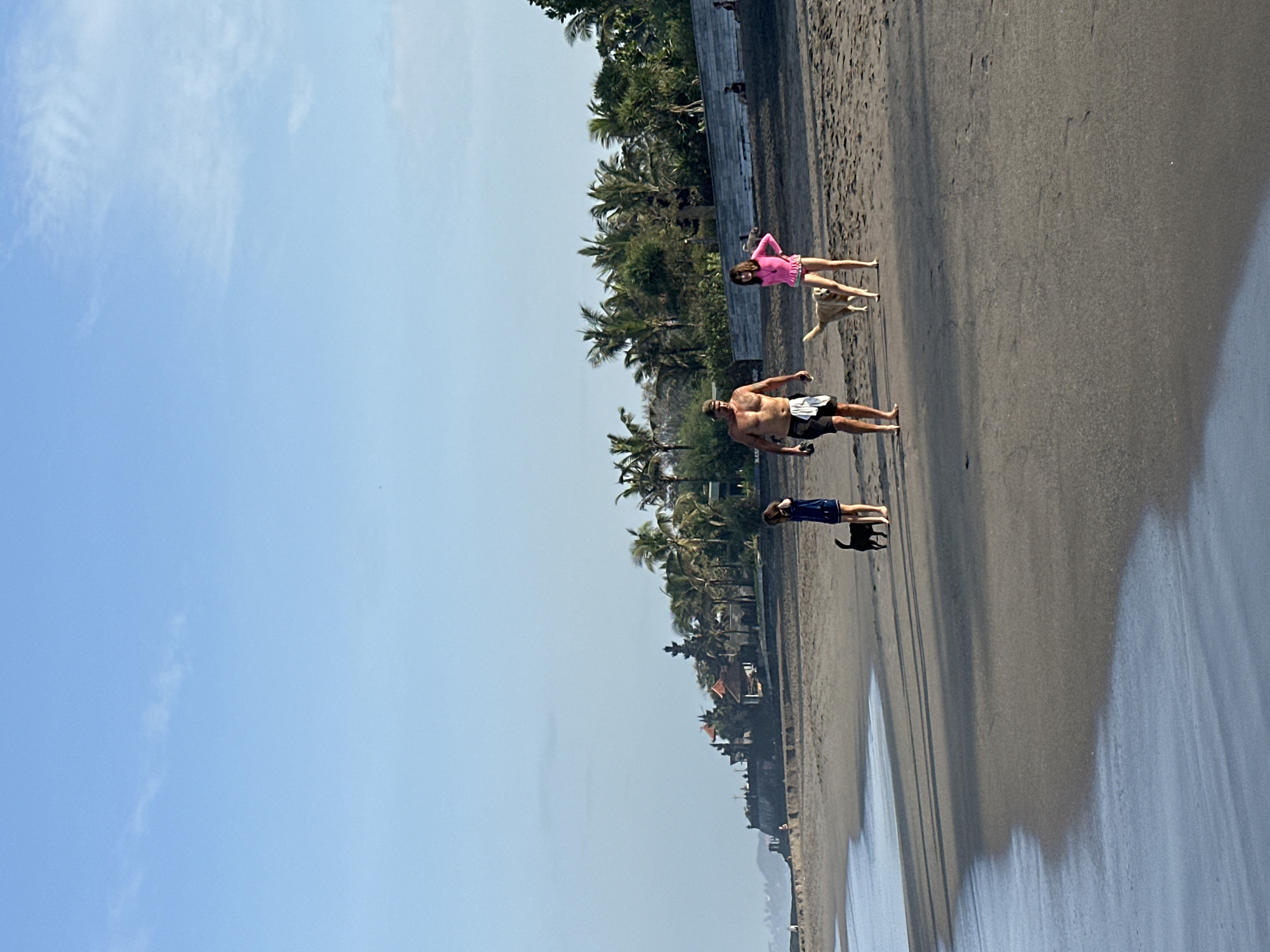 The image depicts a beach scene in North Kuta, Indonesia. In the foreground, gentle waves lap onto a dark sand beach. Further back, a man with a towel draped over his shoulder walks alongside a tan dog. A young girl in a pink swimsuit stands to the right of the dog, while another young girl in a blue dress walks a black dog to the left of the man. In the background, a line of palm trees fronts a row of traditional Indonesian buildings with tiered roofs. The sky is clear and blue with a few wispy clouds. The overall atmosphere is peaceful and serene.