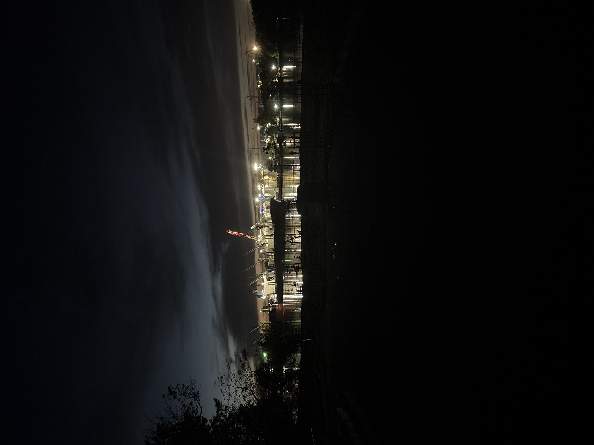 The image shows a nighttime view of the Port of Varna in Bulgaria. In the foreground, silhouettes of trees and vegetation are visible. Beyond that, the port facilities are illuminated with multiple lights, reflecting off the water. Cranes are visible in the distance, along with other industrial structures. The sky is dark, with some cloud cover. The right side of the image is predominantly dark, suggesting a park or undeveloped area.