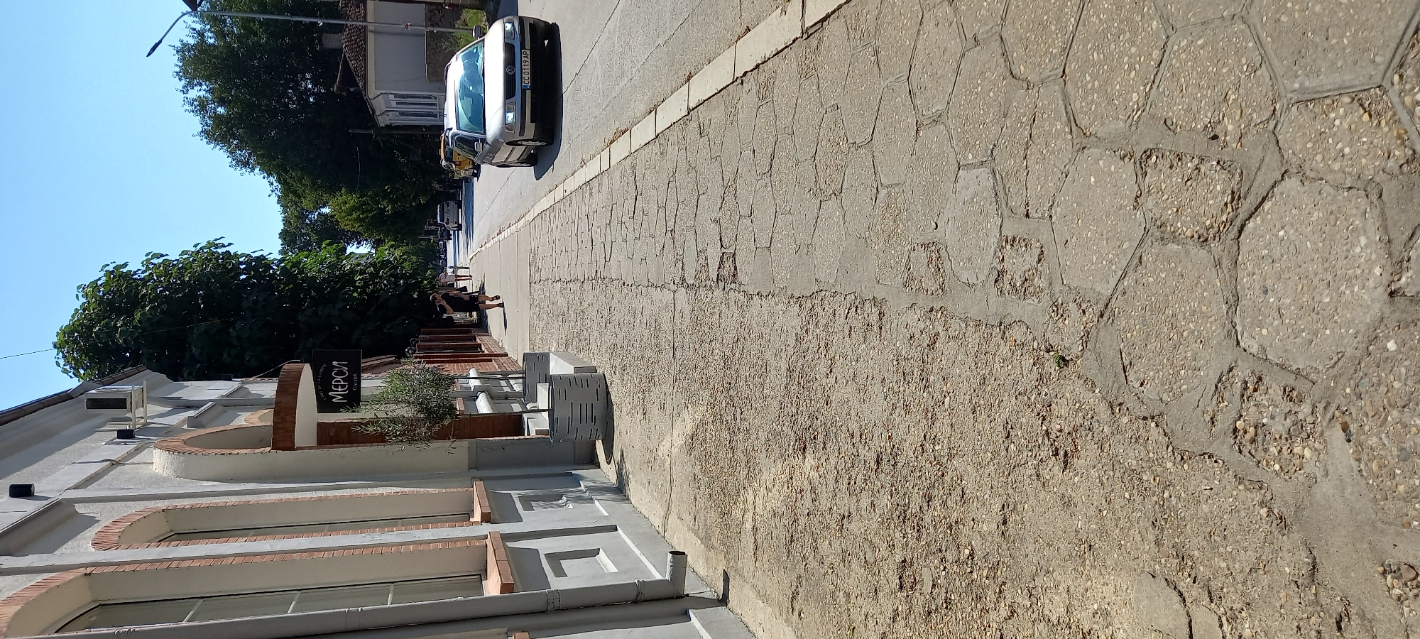 The image depicts a street scene in Silistra, Bulgaria. On the left side of the frame, a building with arched windows and a gray facade is visible. A black sign hanging from the building reads "МЕРСИ GALERIA" in white text. In front of the building, there are two gray planters with small olive trees. The sidewalk in front of the building is paved with large, irregularly shaped concrete slabs that appear worn and cracked, with some sections filled with gravel. Further down the sidewalk, two pedestrians, one in a black shirt and shorts and another in a white top and shorts, are walking away from the camera.
The street runs parallel to the sidewalk. A silver Volkswagen Passat with license plate "CC 0119 AP" is driving on the right side of the road, approaching the viewer. Other vehicles are visible further down the street in the distance. The street is lined with trees and buildings, and the sky is clear and blue. The overall impression is a sunny day in a moderately busy urban environment.