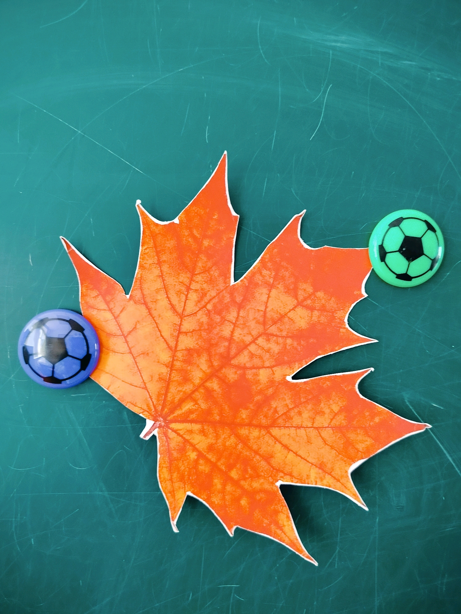 A close-up, top-down shot displays an orange maple leaf cutout and two small, round magnets resembling soccer balls against a textured, dark teal surface. The leaf, with its detailed veins, is positioned diagonally across the frame, with its stem pointing towards the left. To the left of the leaf's stem, a blue magnet with a black soccer ball pattern is visible. To the right of the leaf, a green magnet with a similar black soccer ball pattern is placed. The teal surface appears to be a chalkboard or a similar material, marked with subtle horizontal and diagonal lines, suggesting it might be outdoors or in a classroom setting in the city of Kölkent, Kazakhstan. The lighting is even, with no shadows evident, highlighting the colors and textures of the objects.