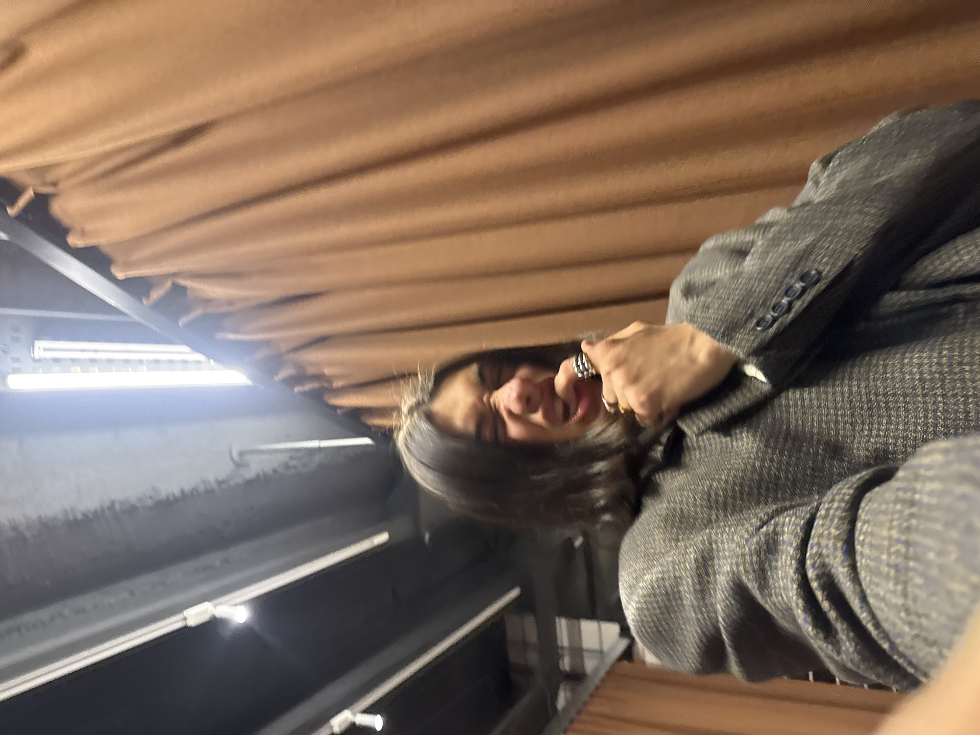 A person in a gray tweed blazer, with multiple rings on their fingers, is looking at the camera with a slight smile. The background appears to be indoors, featuring a ceiling with brown, ridged panels and industrial-looking lighting fixtures. Based on the angle and composition, the person is likely holding the camera or phone at an unusual angle. The location is not identifiable as Yerevan, Armenia, based on the visual information provided.