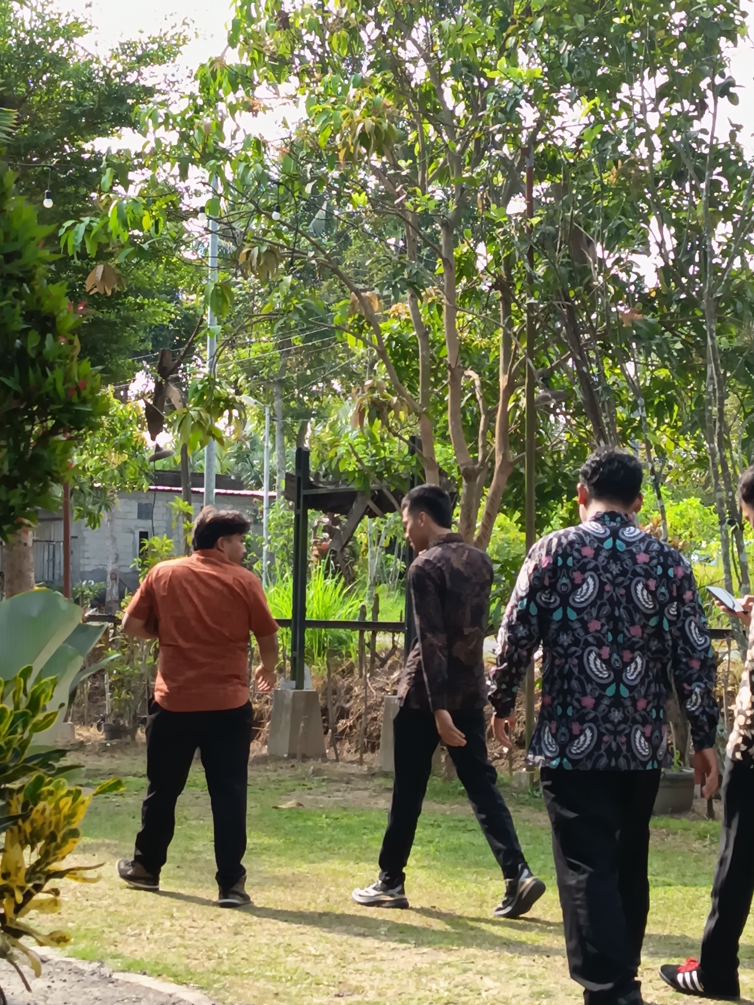 The image depicts an outdoor scene in Sleman, Indonesia, likely a garden or park, with several men present. The foreground shows a person wearing an orange shirt and black pants, walking away from the camera. To the left, a man in a dark patterned shirt and black pants is also walking. Further to the right, another individual is seen from the back, wearing a black shirt with a colorful paisley pattern and black pants. Another person, partially visible on the far right, is wearing a black shirt with a similar pattern and black pants. The environment is lush with trees and foliage, and a building is visible in the background. The ground is covered in grass. The lighting suggests it is daytime.