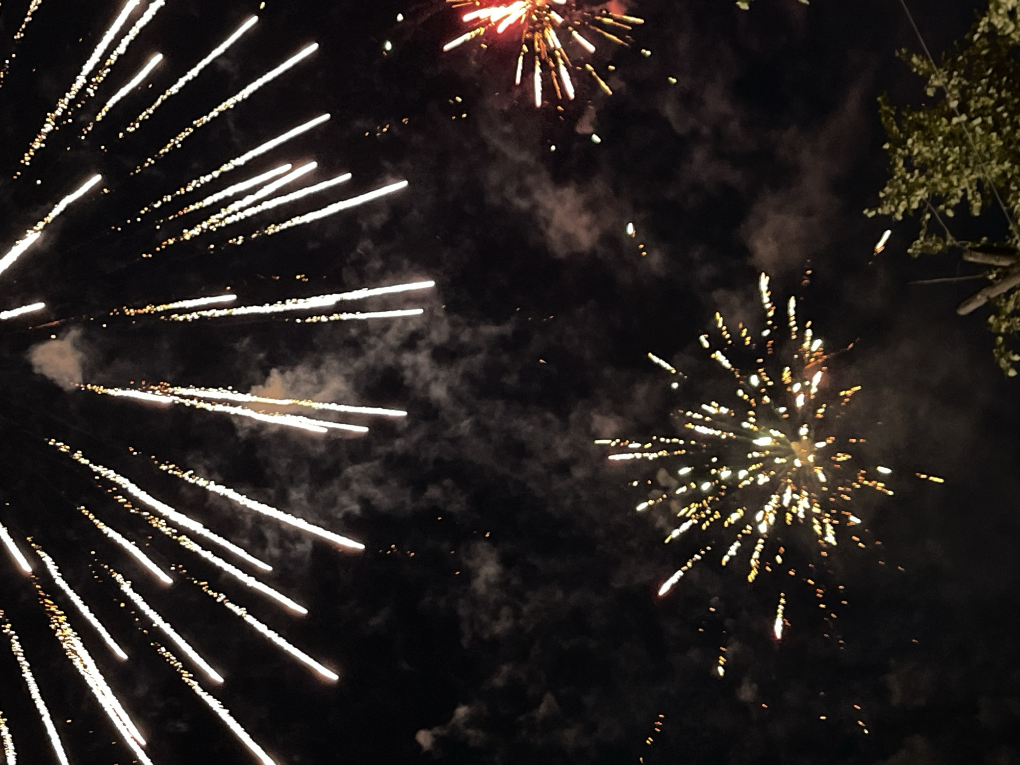 The image captures a nighttime scene with fireworks exploding in a dark sky. Multiple streaks of white and yellow light, characteristic of fireworks, are visible, some appearing to originate from lower in the frame and ascend upwards, while others descend. One prominent firework burst, primarily in shades of red and yellow, is located in the upper right portion of the image. Another large, starburst-shaped firework, predominantly yellow, is centered in the lower half of the frame. Wisps of dark smoke or clouds are interspersed with the fireworks. In the bottom right corner, the top branches of a leafy green tree are visible, along with a dark vertical object that might be a pole or part of a structure. The setting appears to be outdoors, likely a park or open area, suitable for viewing fireworks. The image does not contain any visible people or specific landmarks that would definitively place it in Karlovo, Bulgaria.
