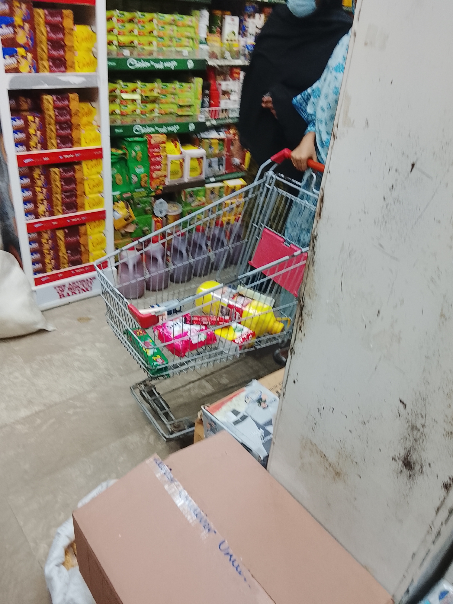 A masked person wearing a black burqa and light blue floral dress is pushing a silver shopping cart in what appears to be a supermarket. The scene is within the Gulgasht Colony, Pakistan. The cart contains various items, including yellow fruits, red and pink packages, and green items. Beside the cart is a dirty white wall and, in front of it, a stack of cardboard boxes. Shelves stocked with various food products are visible in the background.
