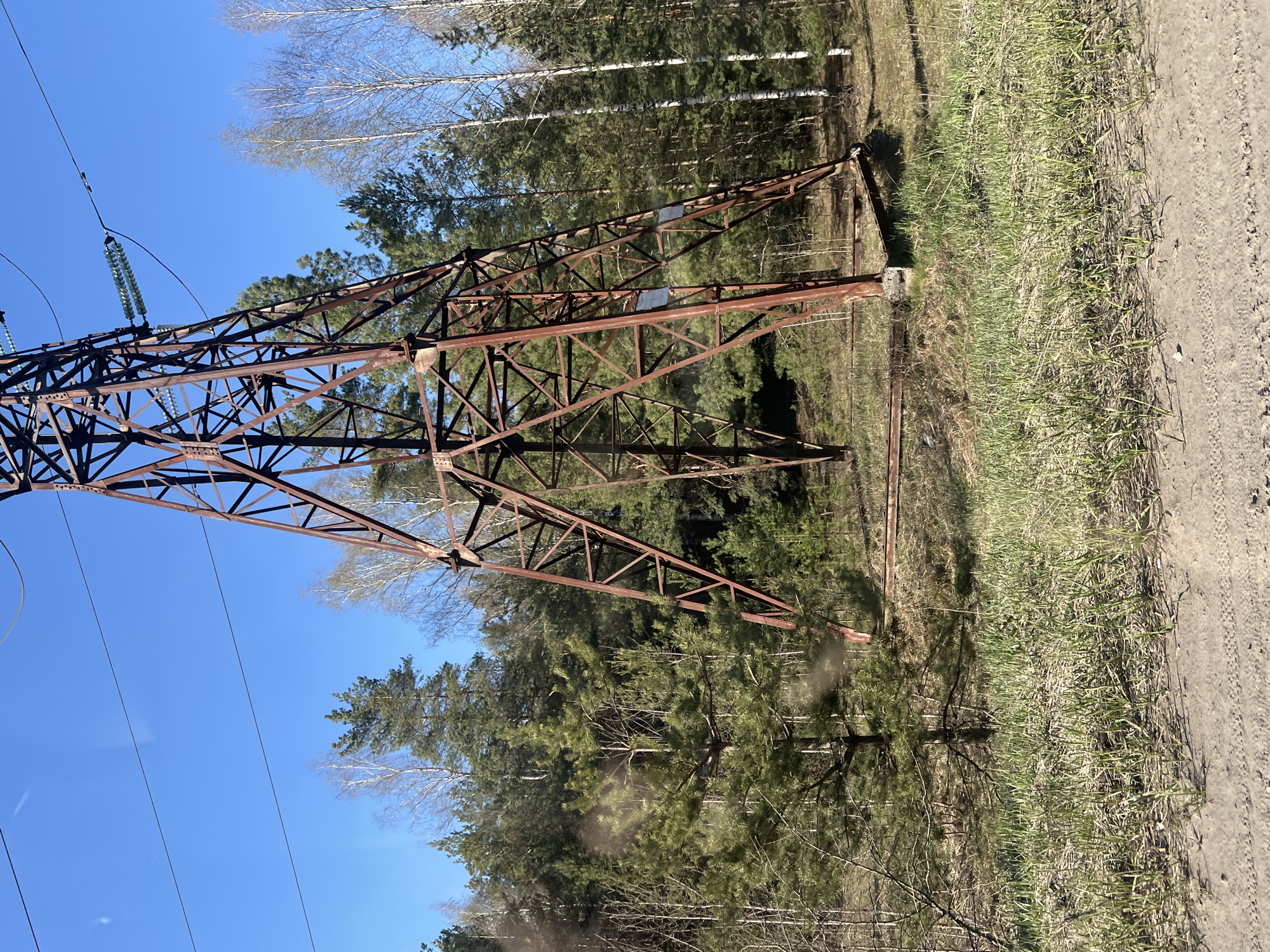 The image depicts a rusted, metal power line tower in a rural area near Noviy, Russia. The tower, made of crisscrossed metal beams, stands adjacent to a dirt road and a grassy area. The tower rises into a clear blue sky, with power lines extending from it. Behind the tower, a forest of pine and birch trees is visible. No people are present in the image.