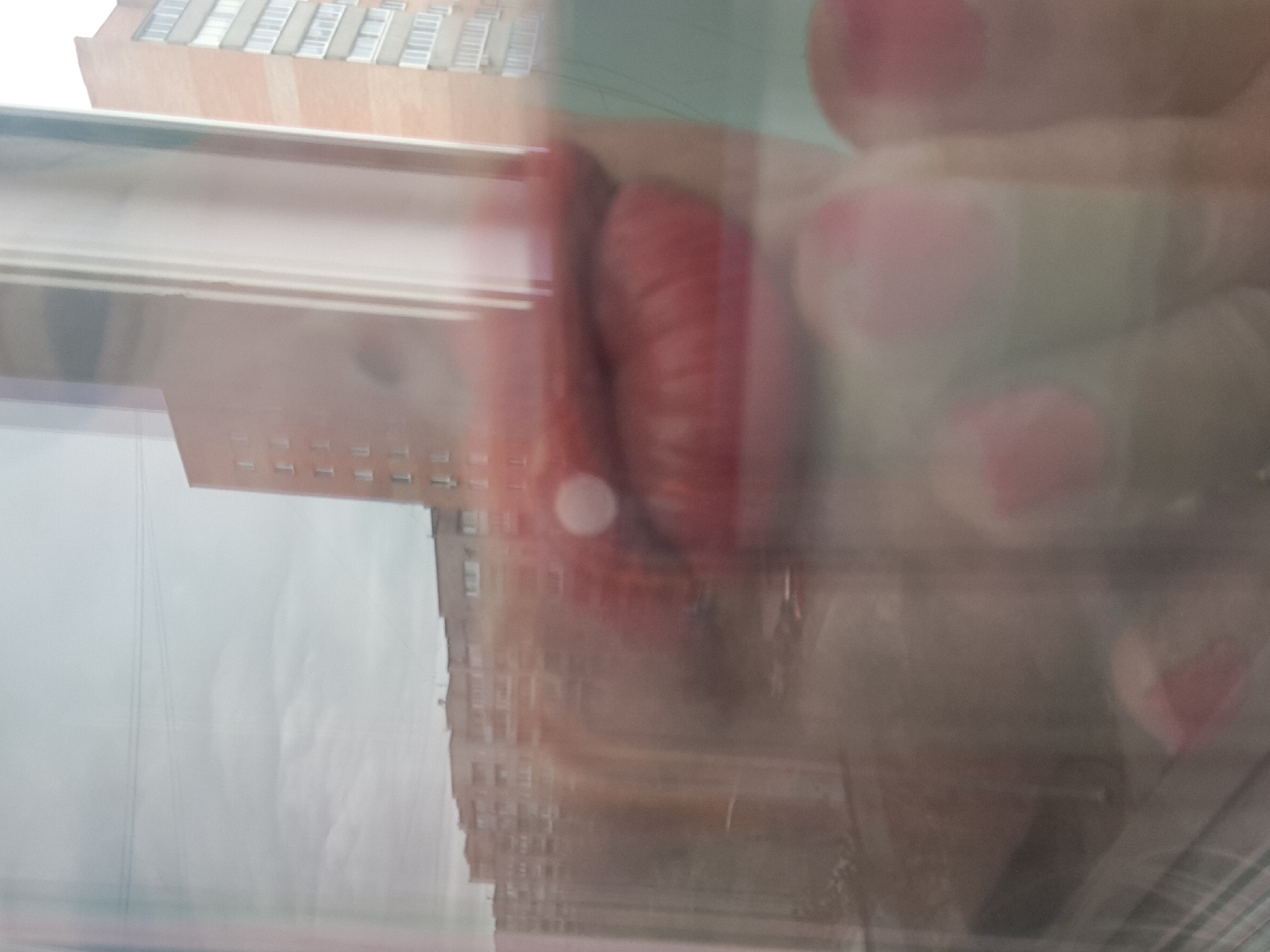 The image shows a blurry reflection of buildings in a window. The reflection includes multi-story residential buildings with rows of windows and an overcast sky. A person's hand with pink nail polish is also visible, obscuring some of the reflection. The location is likely in Elektrostal, Russia, given the request context, but there are no specific details within the image to confirm it.