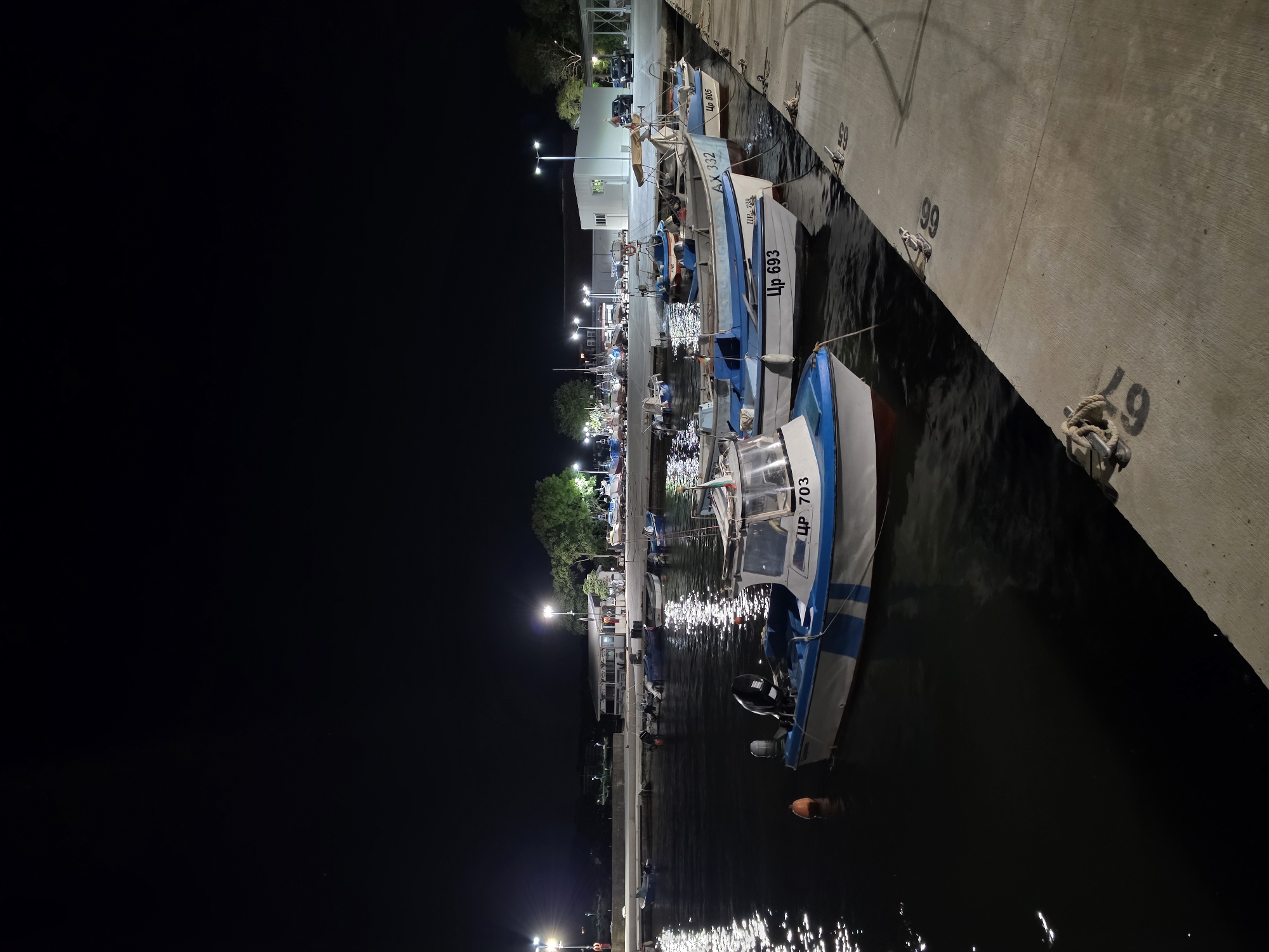 The image depicts a nighttime view of a harbor in Tsarevo, Bulgaria, with several fishing boats moored along a concrete pier. The scene is illuminated by artificial lights, casting reflections on the dark water.
The foreground features a white and blue fishing boat with the registration number "ЦР 703" visible. Another boat, also white and blue, is partially visible to the left, with an orange buoy floating nearby. Several other fishing boats are moored further back, some with visible registration numbers like "ЦР 693", "AX 332", and "ЦР 805".
In the background, a white building, possibly a boathouse or facility, is illuminated. Trees and other structures are faintly visible in the distance, along with more moored boats. The concrete pier in the foreground has numbered mooring cleats, with "66", "67", and "69" clearly visible. The overall atmosphere is calm and quiet, typical of a harbor at night. There are no people visible in the image.