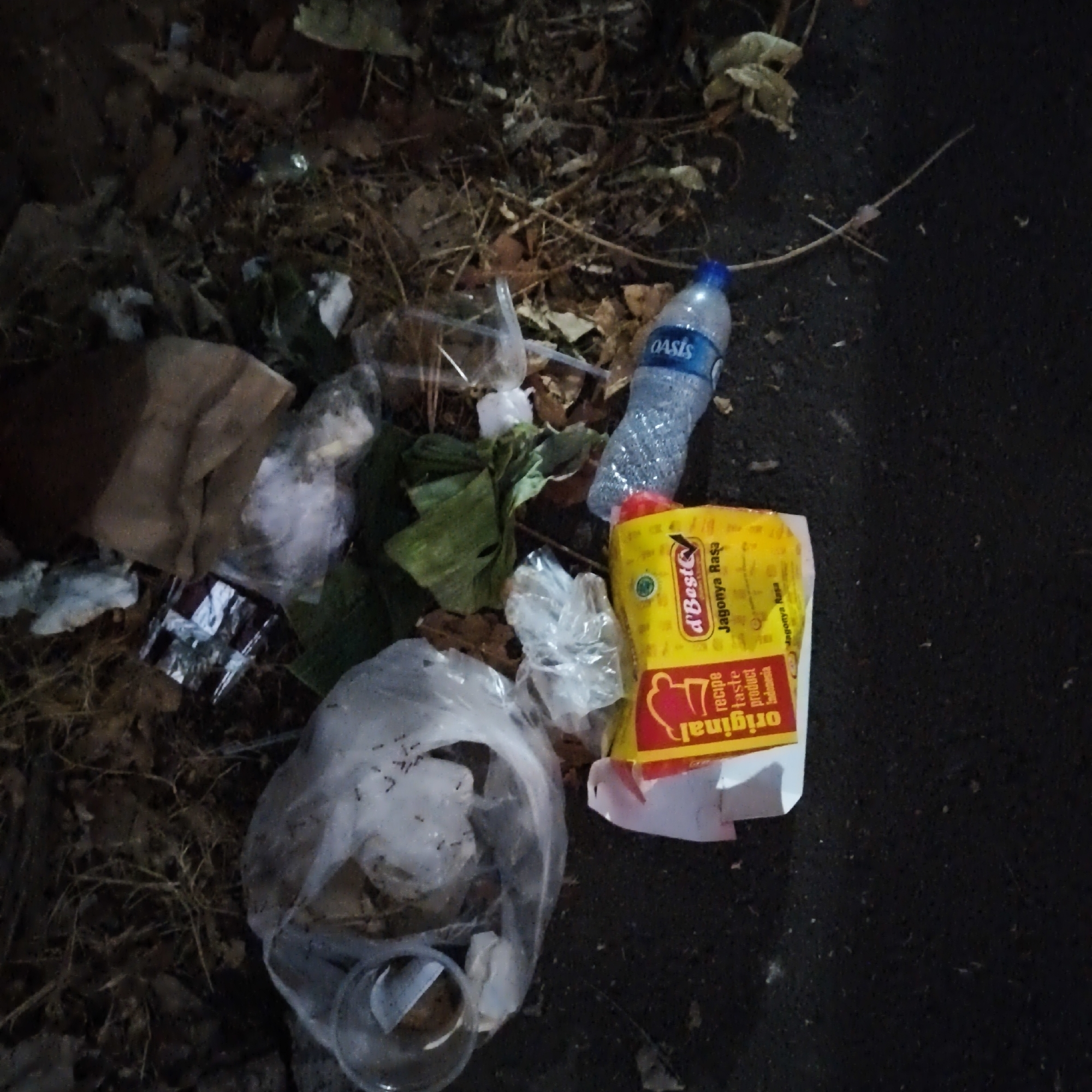 The image shows a close-up, high-angle shot of litter scattered on a dark, asphalt surface, possibly a road or sidewalk. The scene appears to be outdoors at night or in low light, as indicated by the dark surroundings and the limited illumination.
In the center-right of the frame, there is a partially consumed bottle of Oasis brand bottled water, with its blue cap and clear, crinkled plastic bottle clearly visible. Adjacent to the water bottle, also on the right, is a bright yellow, rectangular packet of "d'Best Jagonya Rasa" seasoning or food product. The packet is oriented such that the text "original recipe taste product Indonesia" is upside down and partially visible.
To the left of these items, there is a collection of other discarded materials. This includes a clear plastic bag containing some unidentifiable contents and a clear plastic cup lying on its side. There are also various crumpled plastic wrappers and possibly some brown paper debris. In the background and surrounding the litter, there are dry leaves, twigs, and soil, suggesting a natural or semi-natural environment mixed with urban waste. Some of the leaves are brown and appear dry. A thin, light-colored branch or twig extends diagonally from the upper right towards the center of the image.
There are no people visible in the image, nor any evidence of recent human activity other than the discarded items themselves. The scene depicts a common urban problem of littering, with the items appearing to have been casually dropped or blown into this location. The specific location in South Jakarta, Indonesia, is not visually identifiable from the image content alone.
