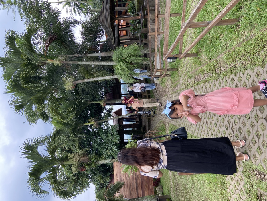 The scene depicts an outdoor recreational area in the city of Cembor, Indonesia, under an overcast sky. In the immediate foreground, a young girl, approximately 5-7 years old, wearing a pink ruffled dress, black and pink athletic shoes, and a light blue bow in her dark hair, faces the camera. She holds both hands raised, forming a peace sign gesture with each. Directly behind her, a woman with long dark hair, wearing a short-sleeved cream and blue patterned top, a long black skirt, and light-colored sandals, walks away from the camera, carrying a black handbag on her left shoulder.

Further back on the left side of the path, a man in a tan t-shirt and light-colored pants carries a small child, wearing a red top, on his shoulders. Two additional adults are visible in the background: one in a white top and blue jeans stands slightly to the right of the man, and another in light clothing is partially obscured further right.

The ground features a path composed of interlocking concrete pavers with grass growing through the gaps, flanked by manicured green grass on both sides. A low wooden fence with horizontal rails runs along the right edge of the path. The background is dominated by numerous tall palm trees with green fronds, interspersed with other dense tropical foliage. Several wooden structures with reddish-brown roofs are visible among the trees, including a prominent gazebo-style pavilion with a dark, multi-tiered roof on the right side of the mid-ground. The overall environment suggests a cultivated park or resort setting.