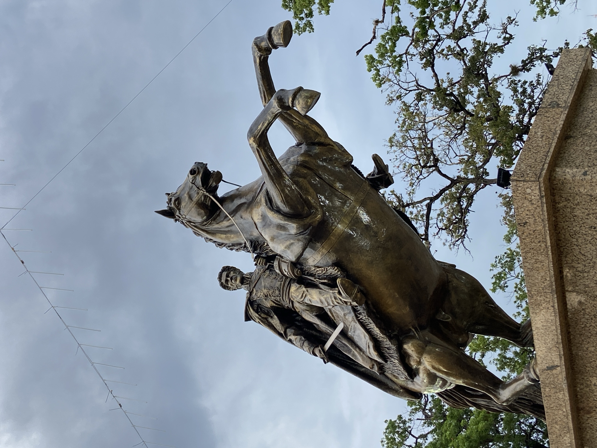 The image depicts a bronze equestrian statue of a man on a rearing horse, likely a historical figure, set against a cloudy sky and trees. The statue is positioned on a stone base. A string of lights is visible in the foreground. The statue is the statue of the Venezuelan General Jose Laurencio Silva in Tinaquillo, Venezuela.