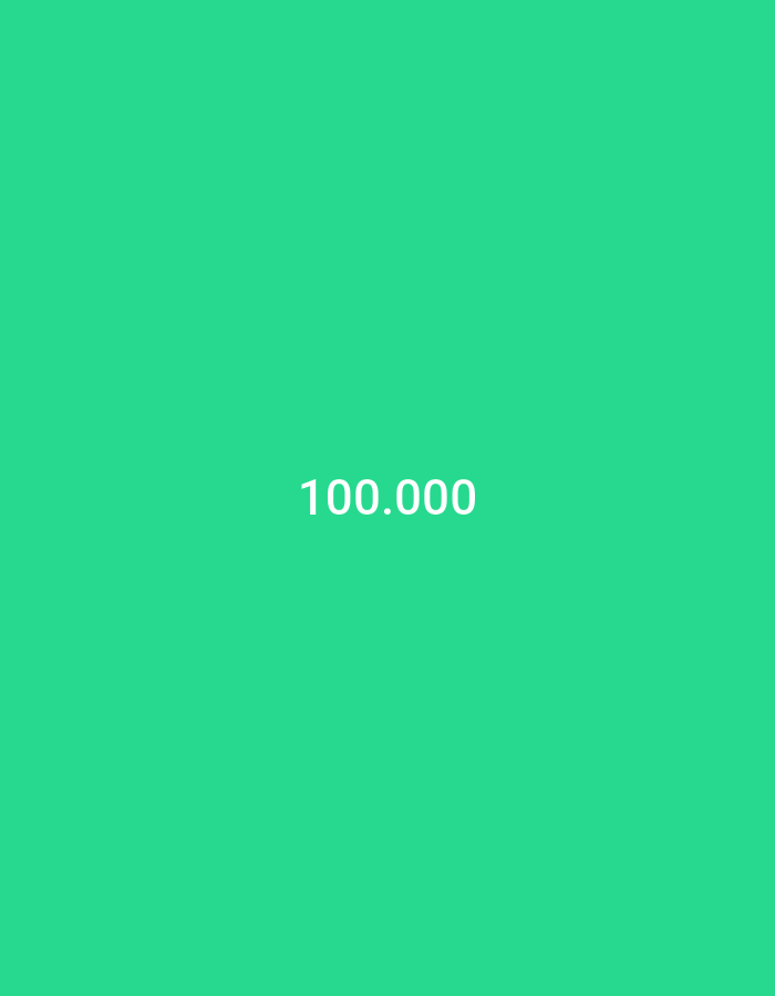 The image is a solid, bright green background with the number "100.000" displayed in white, centered horizontally and vertically. The number is presented in a clear, sans-serif font. There are no other objects, people, or environmental details visible in the image. The image is not located in Lhokseumawe, Indonesia, or any other specific geographical location, as it is a digital graphic with no discernible real-world context.