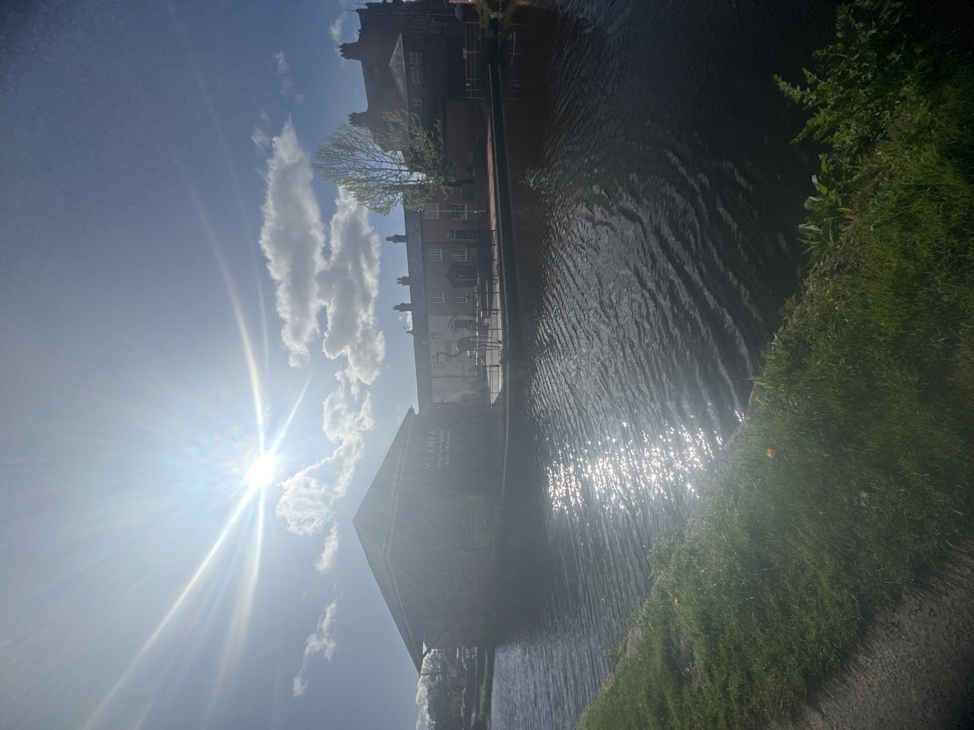 This image depicts a sunny canal scene in Welshpool, United Kingdom. The bright sun, positioned high in the sky to the left, casts a strong lens flare and dazzling reflections across the rippled surface of the canal water.
In the foreground, a vibrant green grassy bank lines the immediate right side of the canal. The canal water itself occupies a significant portion of the mid-ground, reflecting the intense daylight. Across the canal, a row of buildings stands on the far bank. These include several structures that appear to be residential, featuring multiple windows and chimneys.
A prominent, darker brick building further along the canal displays the text "SILVER FISH". To its left, a large, distinctive stone or brick building features the clearly visible text "Y LLANFA". Below this, further text is legible as "Llanfyllin & Llanfair Light Railway Archive, Gallery and Studios," identifying the building's purpose. The sky above is a clear blue with scattered white cumulus clouds.
The scene conveys a bright, pleasant day, likely late morning or afternoon, given the sun's position. No people or specific activities are visible, presenting a serene view of the canal and its surrounding architecture.