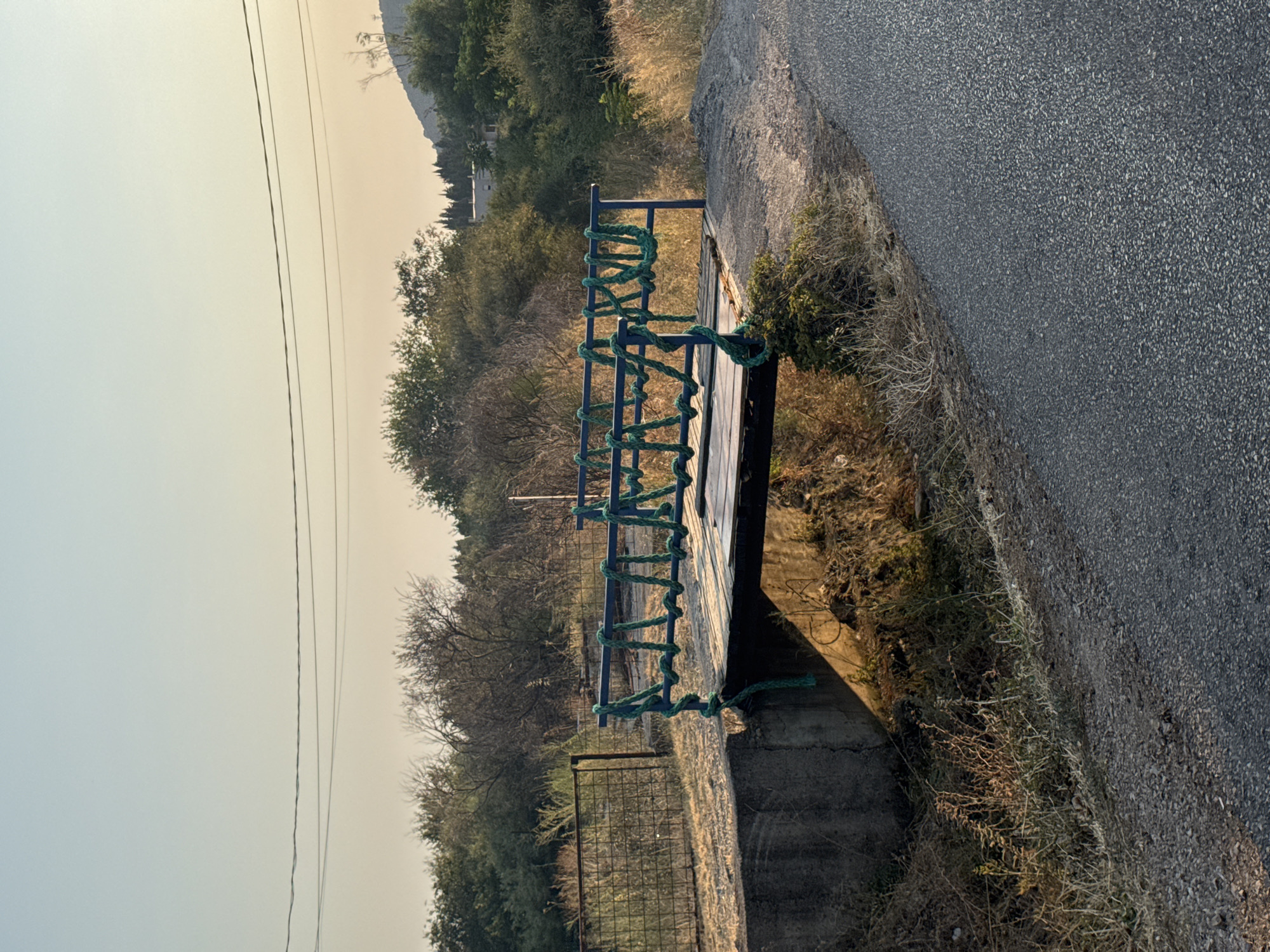 A narrow, weathered wooden footbridge crosses a dry drainage ditch or shallow stream. The bridge has blue metal railings that are loosely wrapped with thick green rope, creating a decorative but potentially unstable barrier. The bridge deck appears to be made of wooden planks. Concrete abutments support the bridge on either side. The surrounding environment is dry and overgrown with tall, golden grass and sparse, brushy trees. A wire fence is visible to the left of the bridge. In the background, more dense vegetation and trees line a hillside, with hints of distant buildings and a hilltop structure. The sky is a pale, hazy blue, with a faint suggestion of sunset colors near the horizon. The image is taken from a slightly elevated perspective, showing a paved road in the foreground that curves away to the right. The scene suggests a rural or semi-rural setting in Sutomore, Montenegro.
