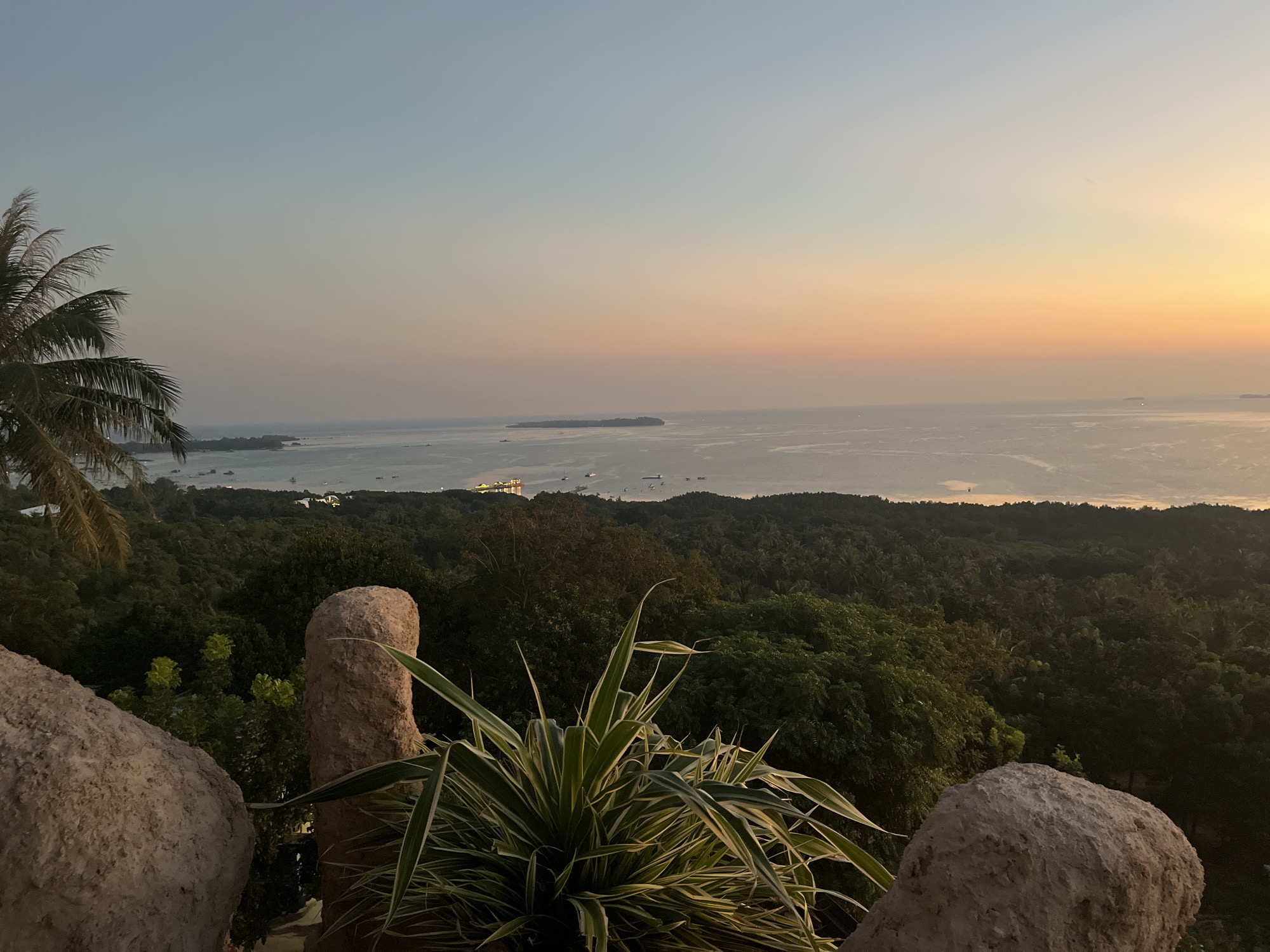 This media file depicts a tranquil sunset over a tropical ocean and lush, forested landscape. In the foreground, two large, textured rocks frame the view, with a spiky, green and white plant in front of them. Beyond the rocks, a dense forest covers rolling hills, leading down to a vast body of water.
The ocean is dotted with numerous boats, including some larger vessels that appear to be anchored or moored. In the distance, a long, narrow island with a dense treeline is visible, adding to the sense of a remote archipelago. The sky is a gradient of soft colors, transitioning from a pale blue at the top to warm oranges and yellows near the horizon, indicating it is either sunrise or sunset. The overall mood is serene and peaceful, evoking a sense of tropical escape. The location cues, such as the palm tree on the left, the abundant greenery, and the island landscape, strongly suggest a tropical coastal environment. The lighting suggests either early morning or late evening. No text is visible in the image.