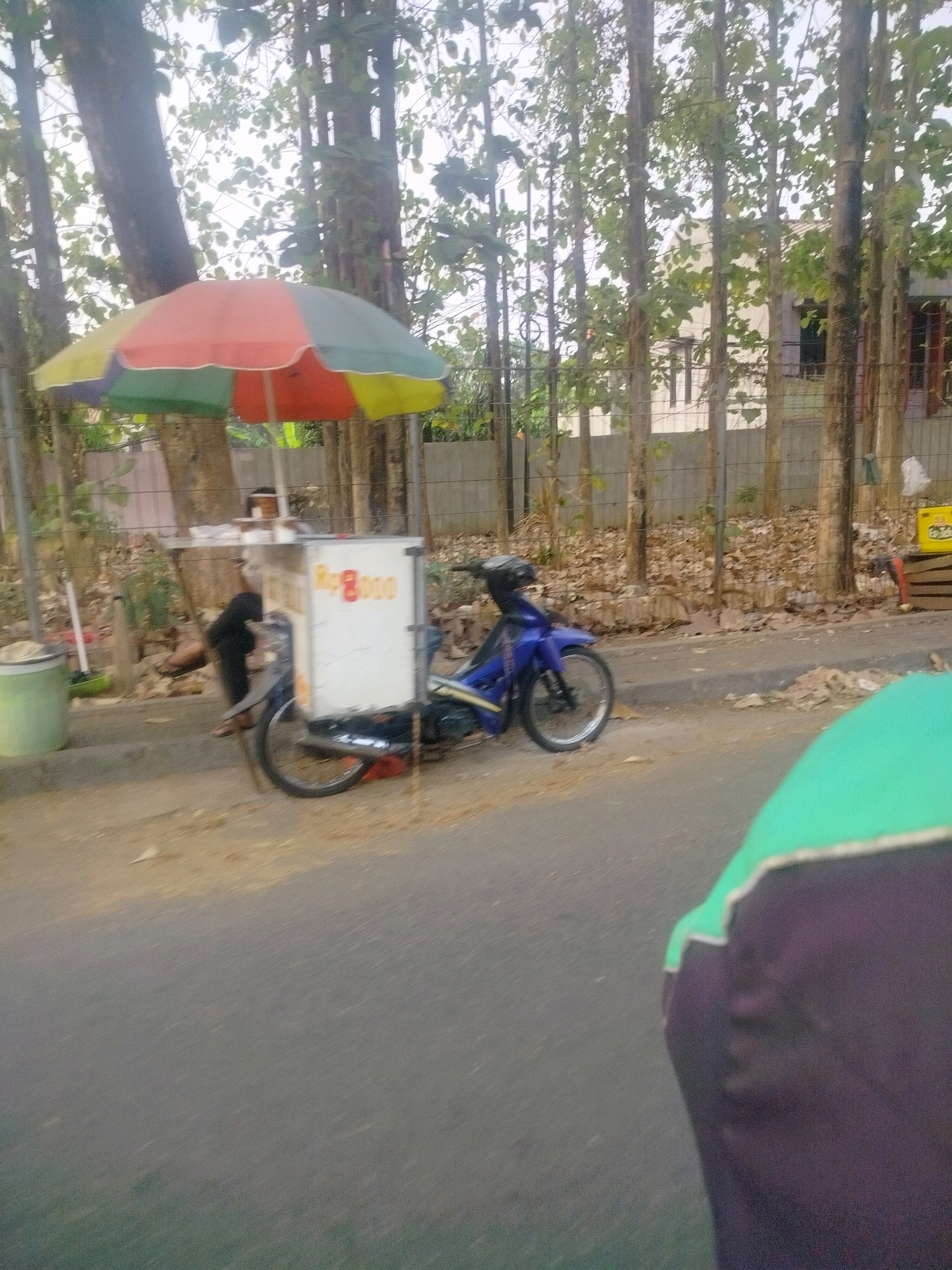 An outdoor, eye-level, medium shot shows a street scene on a cloudy day in Bekasi, Indonesia. In the foreground, a blurry, dark purple and green object occupies the lower right corner. The midground features a blue motorcycle with a white food cart attached, parked on the right side of a paved road. The food cart has an umbrella with multiple colors—red, orange, green, and yellow—providing shade. A person in dark clothing is seated behind the food cart, partially obscured. The background consists of a line of tall trees with light-colored trunks and green leaves, behind which is a building with a light-colored facade and windows. A wire fence is visible in front of the trees. The ground is covered with fallen leaves and debris.
