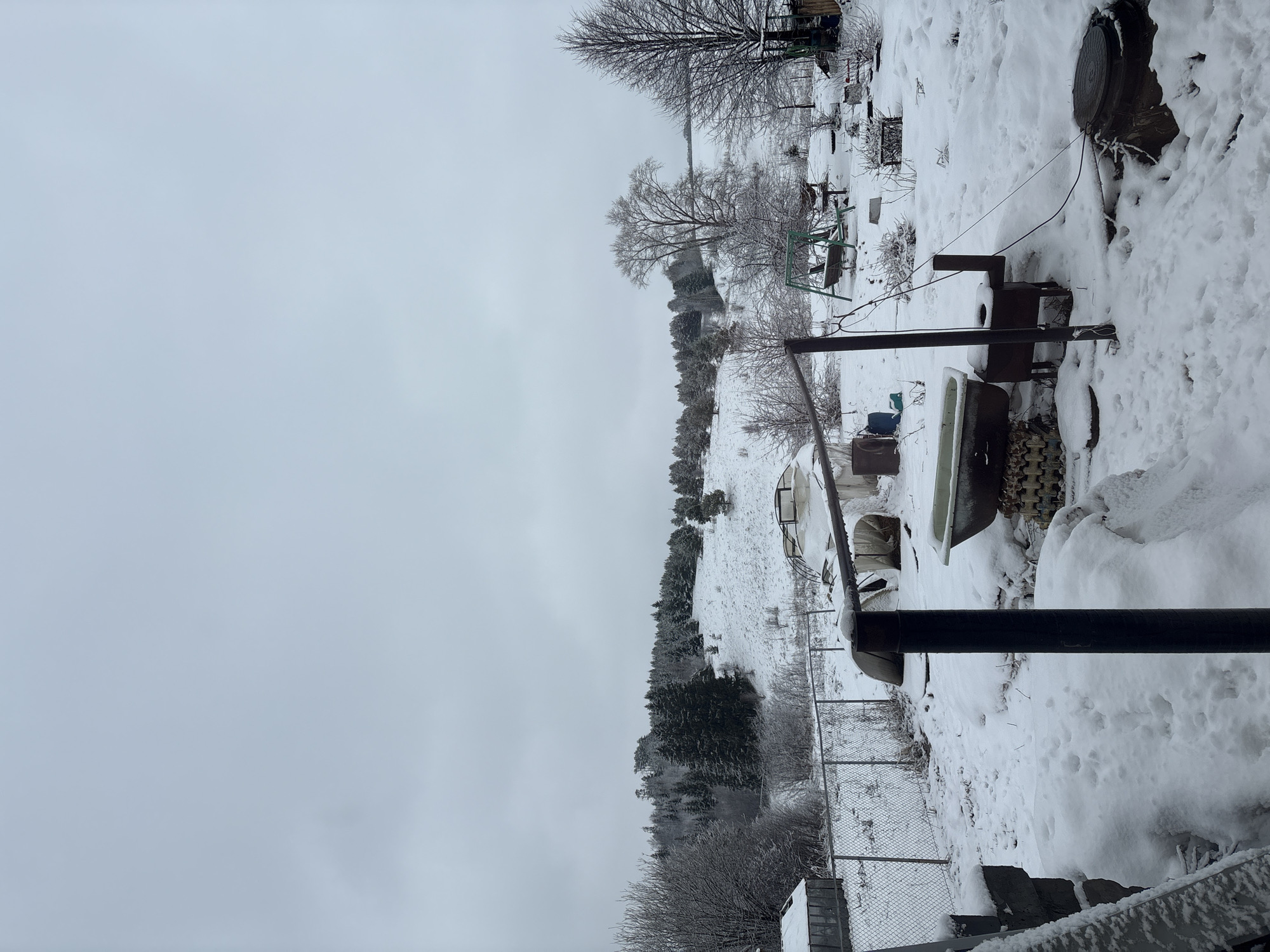 The image shows a snow-covered scene, likely in Lukintsy, Russia, given the prompt's instructions. The landscape features a mixture of trees, bushes, and an open field, all blanketed in snow. There is a visible fence line and several objects scattered around the yard, including what appears to be a bathtub and other metal structures. The sky is overcast, indicating a cold, winter day. No people are visible in the image. The environment is a rural, snow-covered landscape with scattered objects.