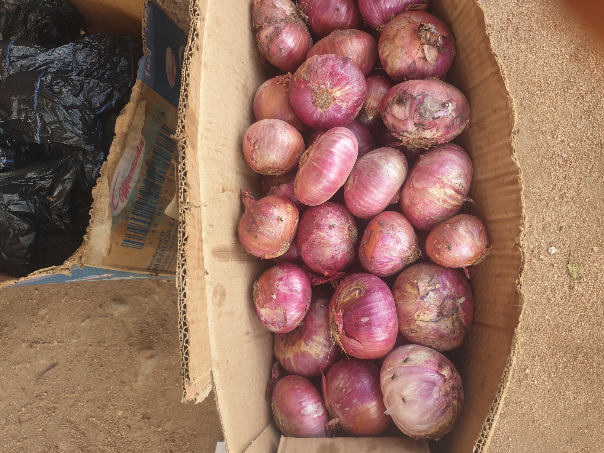 A vertical overhead shot captures a brown corrugated cardboard box containing numerous red onions. The onions display purple-red skins, with some exhibiting adhering soil and minor surface irregularities. The box rests on light brown, sandy ground, which includes small pebbles and a dried leaf in the lower right. A second, partially visible cardboard box is positioned in the upper background, filled with crumpled black plastic bags. Printed text on this upper box indicates "Manufactured by: MAMUDA C", "0320s Chella", a barcode, and "Marmuda" branding. No individuals are present. The scene is consistent with a market or vendor setting in Jalingo, Nigeria.