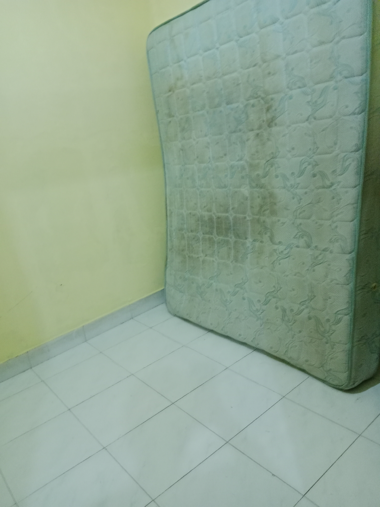 The image shows a dirty, light green mattress leaning against a pale yellow wall. The mattress has a quilted pattern with floral motifs and appears to be stained in several areas. The floor is tiled with light-colored square tiles. This scene is likely in a room in West Jakarta, Indonesia, given the context provided. There are no people visible in the image.