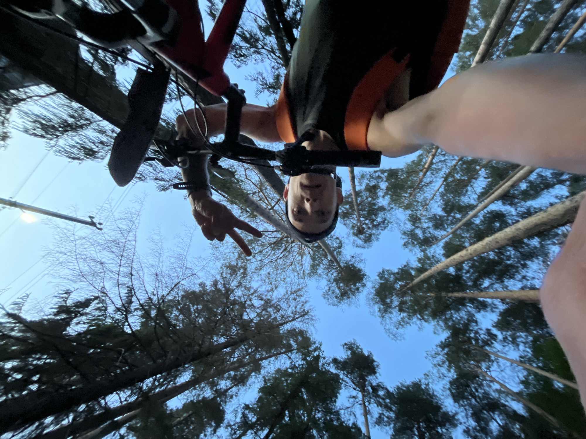 A low-angle perspective depicts a person on a bicycle making a peace sign. The subject is wearing a black helmet and an orange and black top. Trees with dense foliage surround the scene, with a blue sky visible between the branches. A lamp post is also visible, suggesting a park setting. The location is likely in a forested area within the city of Chaikovsky, Russia.