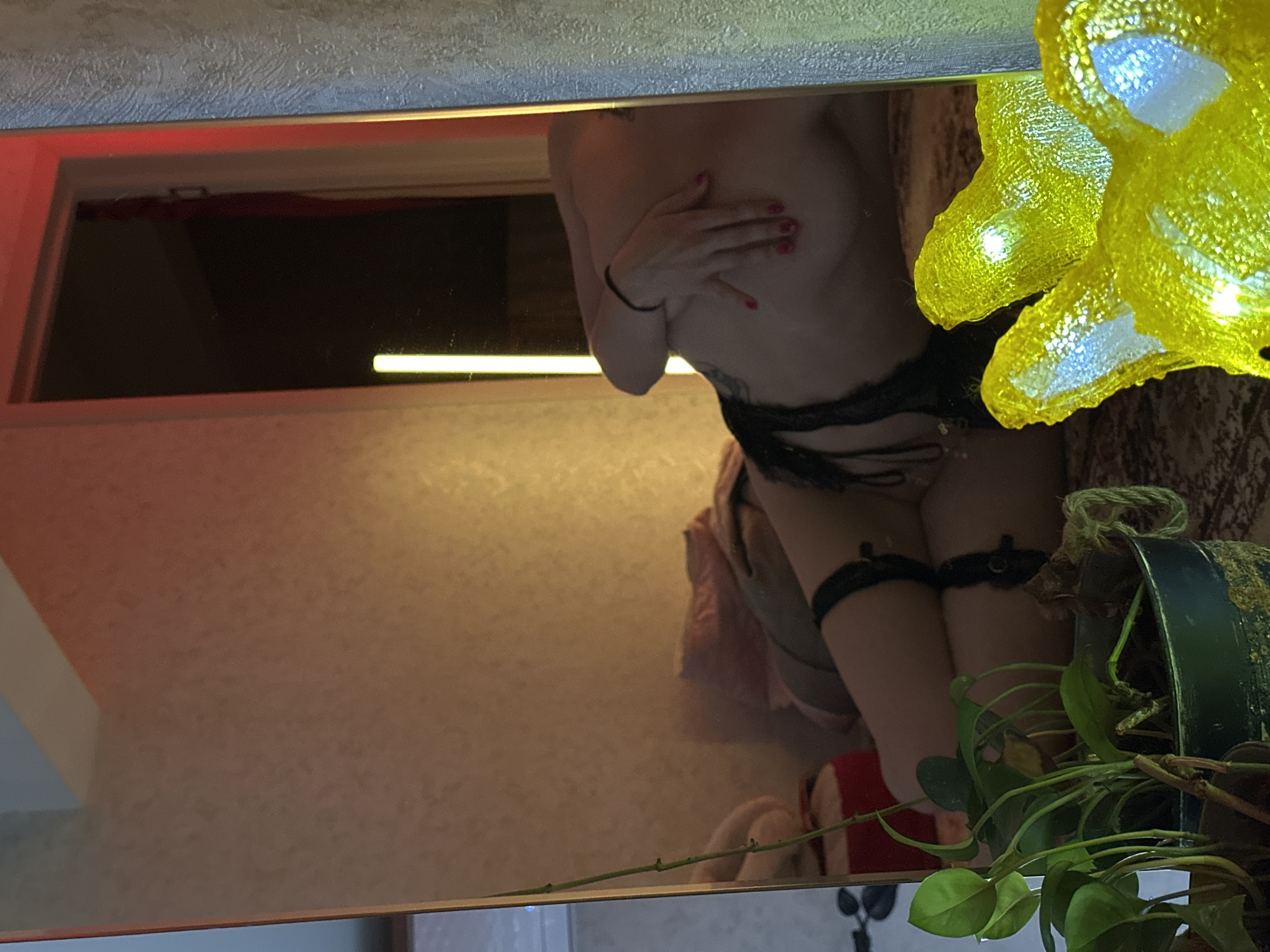 A mirror reflects a topless person with black lingerie and a hand covering their breast. A plant and a yellow flower decoration are in front of the mirror. The location is Vladimir, Russia.