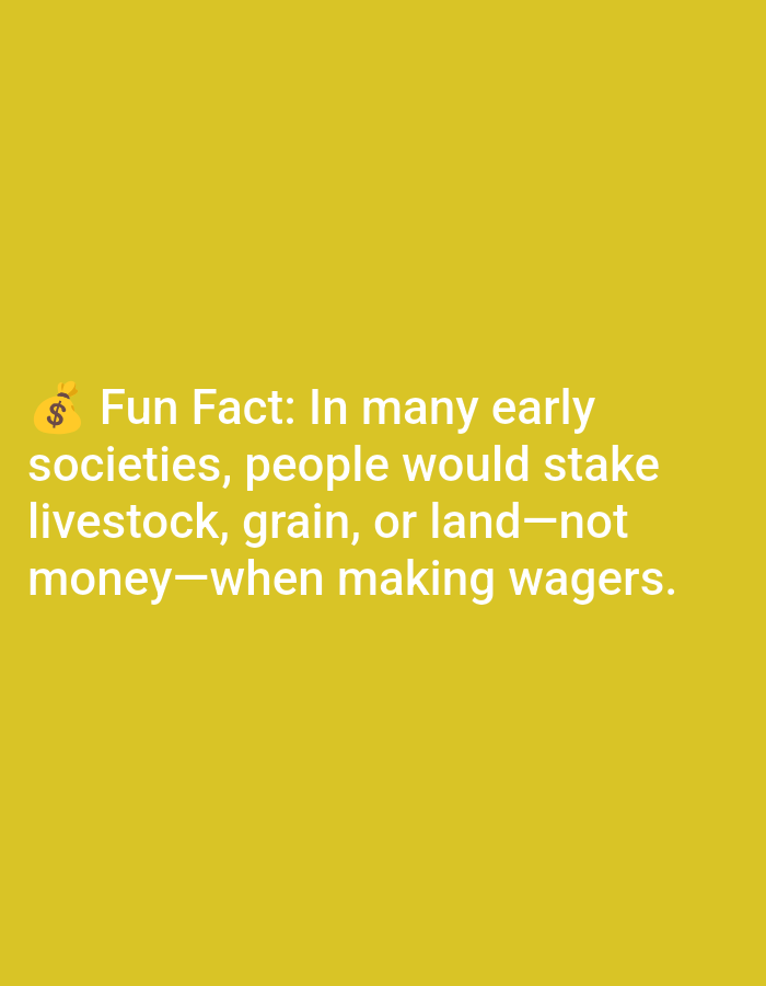 The image is a screenshot of a digital graphic with a plain yellow background. White text overlaid on the graphic reads: "💰 Fun Fact: In many early societies, people would stake livestock, grain, or land—not money—when making wagers." There is a small yellow money bag emoji to the left of the text. The image does not contain any information about Lagos, Nigeria, or any specific people, subjects, objects, actions, interactions, or environmental details that could be used to describe a scene in that city.