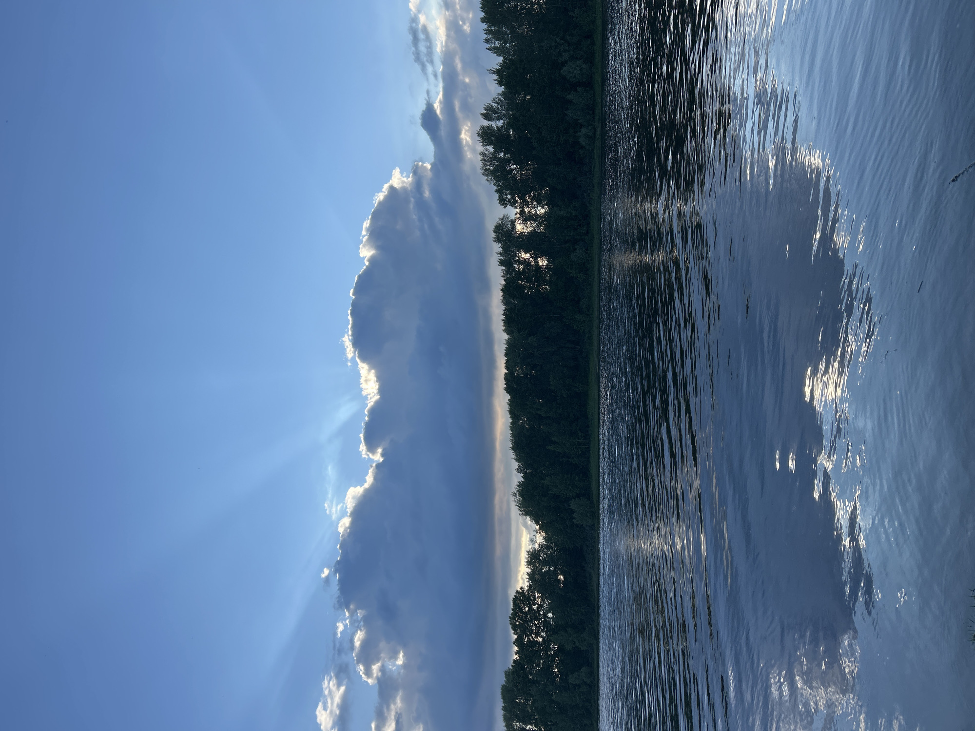A wide shot captures a serene river landscape with a dense forest lining the opposite bank under a dramatic sky. The sky is a vibrant blue, partially obscured by a large, illuminated cloud formation from which sunbeams radiate downwards. The sunbeams create a crepuscular effect, highlighting parts of the cloud and casting rays through the atmosphere. The river in the foreground is calm, with gentle ripples reflecting the sky and the distant trees. The water appears dark blue, with lighter streaks of light and reflections. The treeline is a dark silhouette against the softer light of the sky, indicating either late afternoon or early morning. The location is the Kama River in Chaikovsky, Russia. There are no people or discernible man-made structures visible in the image, creating a natural and tranquil scene.