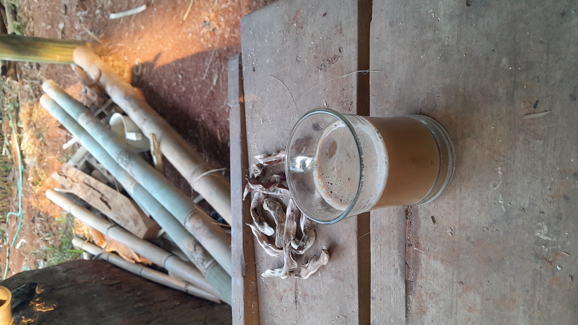 A close-up, eye-level shot shows a clear glass mug filled with a frothy, light brown beverage, likely coffee, placed on a weathered wooden surface. To the left of the mug, a small pile of dried, elongated seed pods is arranged. The wooden surface appears to be part of a table or bench, with visible grain and texture. In the background, a collection of long, slender bamboo poles are stacked and leaning against a dark, rough-textured object, possibly a tree trunk or a large piece of wood. The ground behind the bamboo is a reddish-brown earthy surface with dry leaves and sparse vegetation, suggesting an outdoor environment. The lighting indicates it's daytime, with sunlight casting shadows on the ground and highlighting the textures of the objects. The overall scene evokes a rustic, natural setting, possibly in a rural area of Sumedang, Indonesia, where such materials and beverage preparation are common.