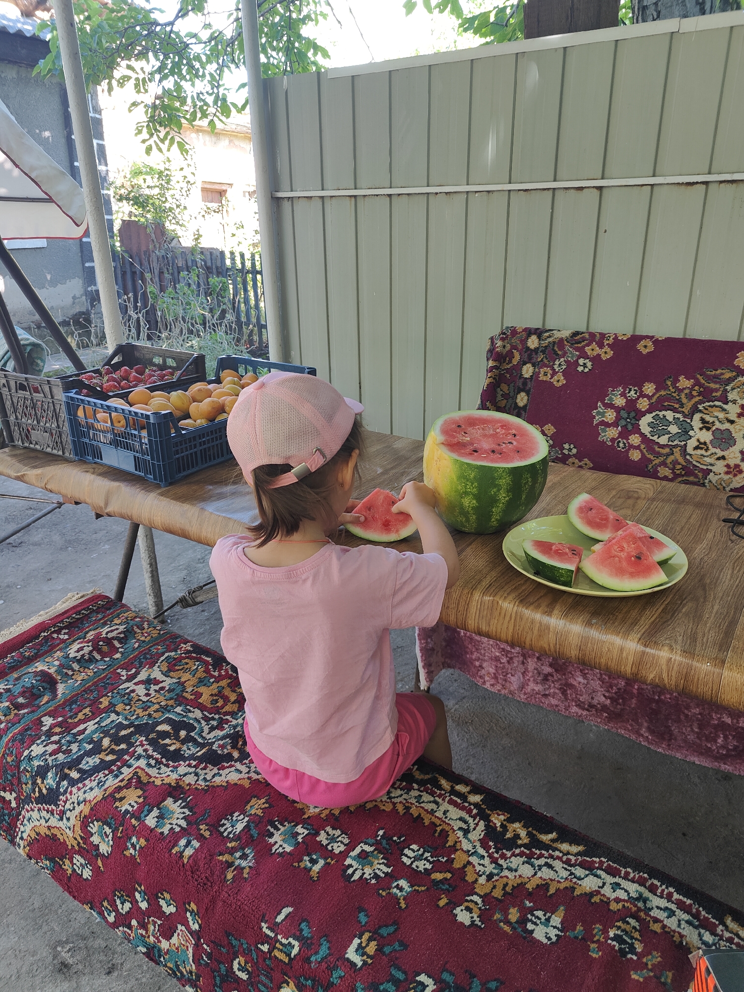 A young girl wearing a pink cap and t-shirt sits on a patterned rug in front of a wooden table outdoors, likely in Kryvyi Rih, Ukraine. The table is laden with fresh fruit: crates of strawberries and apricots are visible on the left, and a large, cut watermelon with several slices sits on a plate on the right. The girl is reaching for a slice of watermelon. The background shows a corrugated metal fence and some foliage, suggesting a backyard or outdoor seating area. The overall scene depicts a casual, summery moment focused on enjoying fresh produce.
