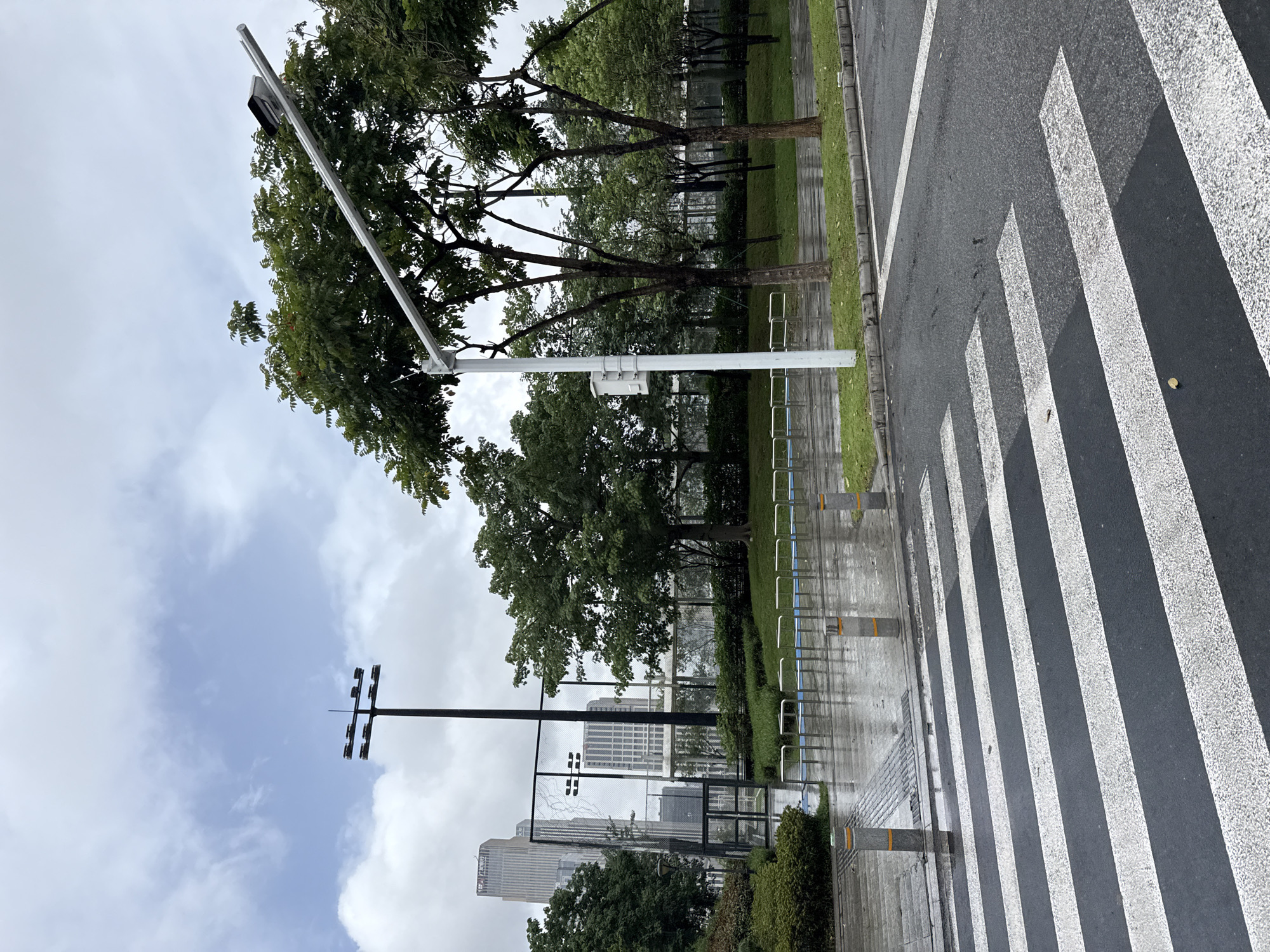 This image depicts an outdoor scene in Haizhu District, China, likely on a cloudy or overcast day as indicated by the muted lighting and the wet appearance of the asphalt and pavement, suggesting recent rain. The image is oriented vertically.
The primary subjects include a crosswalk with white stripes on dark asphalt, a paved walkway with reflective puddles, a grassy area with trees, and a metal bike rack. In the background, there are several modern high-rise buildings. Overhead, there is a street light and a sports field light pole. The sky is filled with clouds, some appearing heavy and grey.
No people are visible in the image. The scene appears to be a public space, possibly near a park or urban area, with infrastructure for pedestrian and bicycle traffic. The wet conditions and cloudy sky might evoke a sense of calm or perhaps a subdued atmosphere. The time of day is unclear due to the overcast weather. No visible text is present in the image.