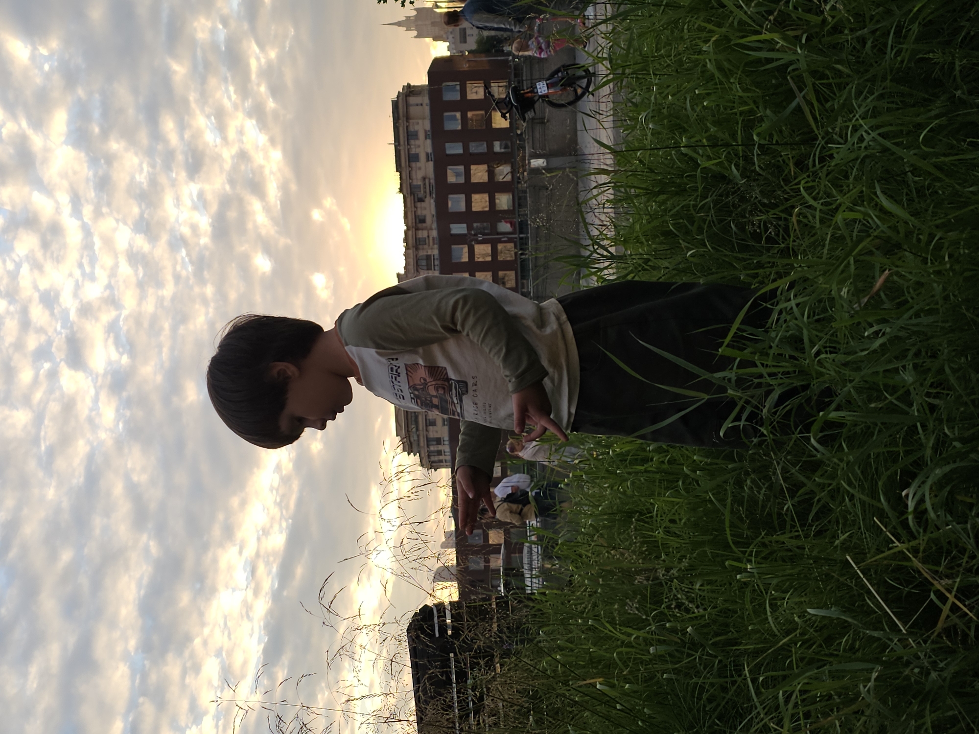 The image shows a young boy in the foreground, looking down and to his left. He is wearing a long-sleeved t-shirt with a graphic print and dark pants. His right hand is extended, and his fingers are spread. He is surrounded by tall, green grass. In the background, there is a building with many windows, reflecting the sky. The sky is filled with clouds, and the sun is low, casting a warm, golden light, suggesting it is either sunrise or sunset. There is a bicycle parked near the building, and other people are visible in the distance. The scene appears to be outdoors, possibly a park or a waterfront area in an urban setting. There is some text on the boy's t-shirt, but it is difficult to read clearly.