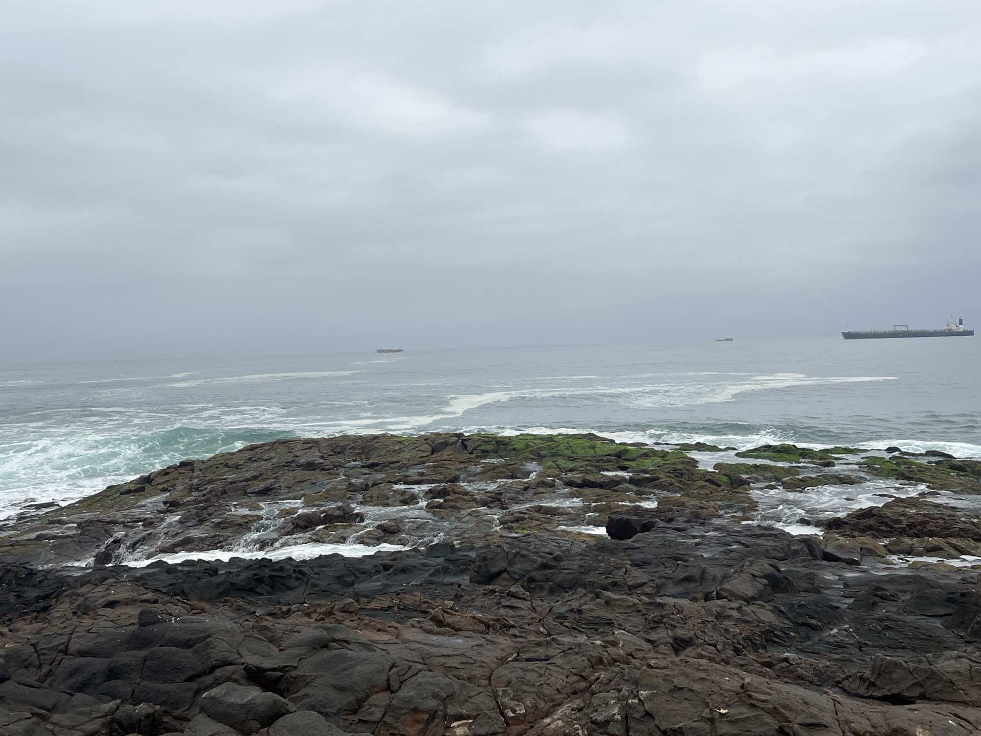 An ocean view from a rocky shoreline on a cloudy day. In the foreground, dark, textured rocks dominate the scene, with some patches of green algae visible on the wet surfaces closer to the water. The ocean is choppy, with white foam and waves crashing against the rocks. In the middle ground, several large cargo ships are visible on the horizon. The sky is overcast with grey clouds. This scene is consistent with the coastline of Arica, Chile, known for its rocky shores and proximity to maritime traffic.