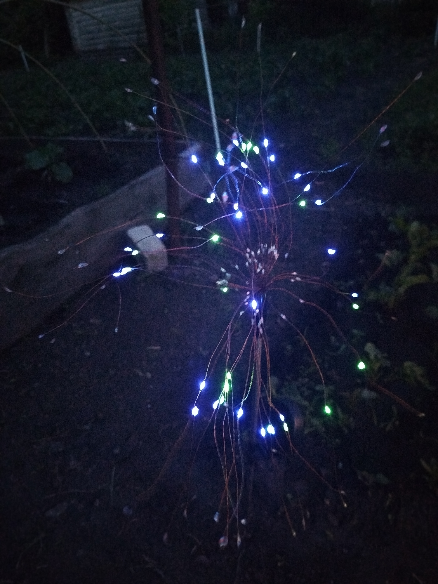 In Krasny Gulyai, Russia, a close-up, low-light photograph captures a decorative light display in an outdoor setting, possibly a garden or yard at night. The primary subject is a cluster of thin, brown branches resembling a dandelion puffball or a firework, adorned with numerous small, glowing LED lights. These lights emit a vibrant mix of blue and green hues, with a few appearing white. The lights are attached to the ends of thin wires that extend outwards from a central point, creating a spherical, spiky appearance. The branches are delicate and appear to be natural, possibly from a plant or artificial embellishments.
The background is dark and out of focus, suggesting nighttime or a dimly lit environment. Hints of darker vegetation and possibly some man-made structures, like a fence or wall, can be discerned in the background, shrouded in shadow. The ground beneath the display is dark and appears to be soil or mulch. The overall impression is one of a festive or decorative illumination set against a natural, albeit dark, environment.