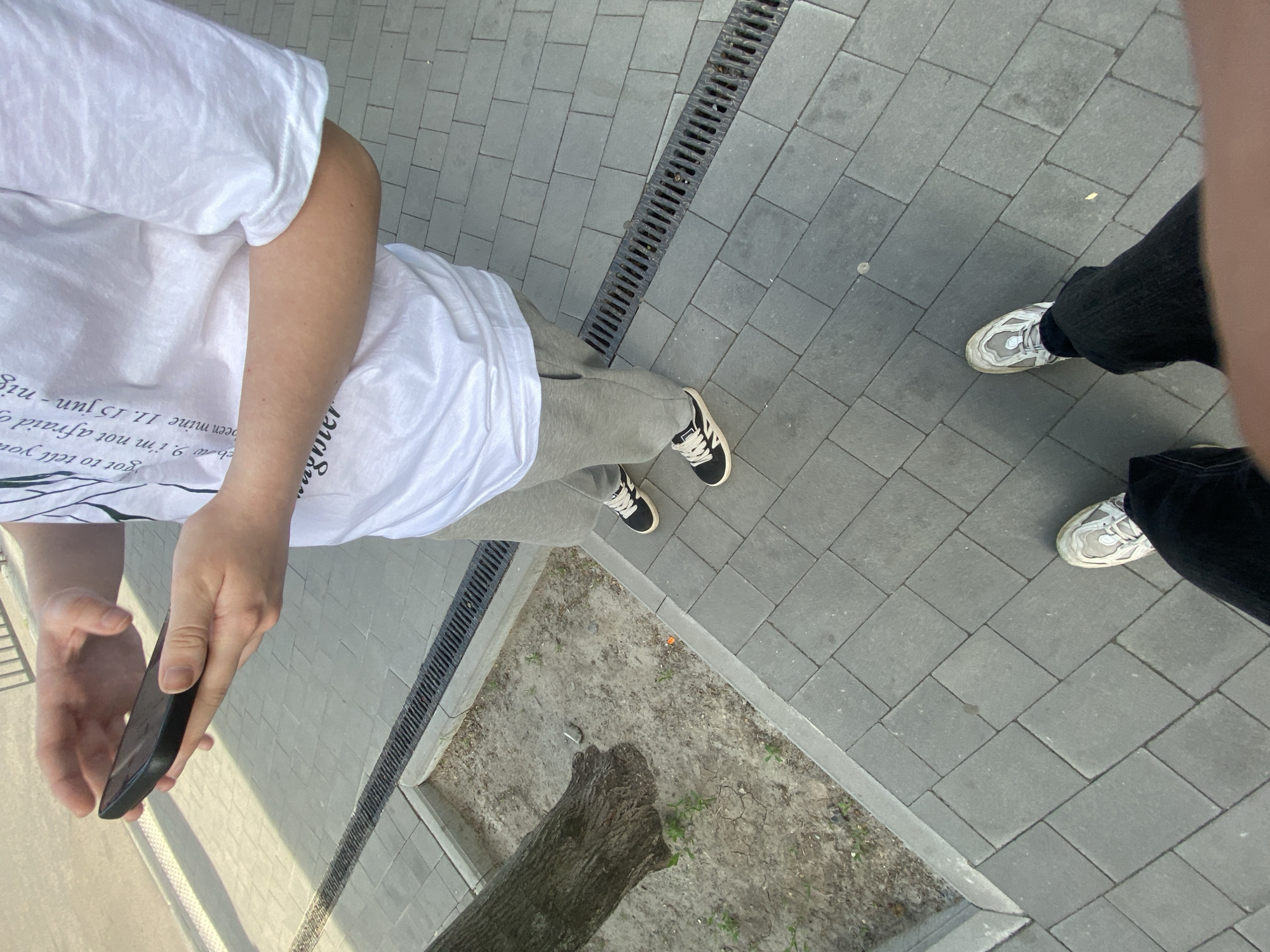The image presents an overhead view of a paved urban setting, likely in Poltava, Ukraine, based on potential landmarks and architectural cues not fully visible in the frame. Two individuals are partially captured in the shot. One person is holding a black smartphone and wearing a white T-shirt with text, light gray sweatpants, and black and white sneakers. A second person, further in the background, is wearing dark-colored pants and light-colored sneakers.
The scene includes a section of interlocking gray pavement stones with a drainage grate running along the edge. Adjacent to the pavement is a recessed area with a tree trunk, filled with dry soil and minimal vegetation. The composition offers an intimate view of everyday urban life, focusing on the interaction with technology and the blend of natural and man-made elements within the environment.