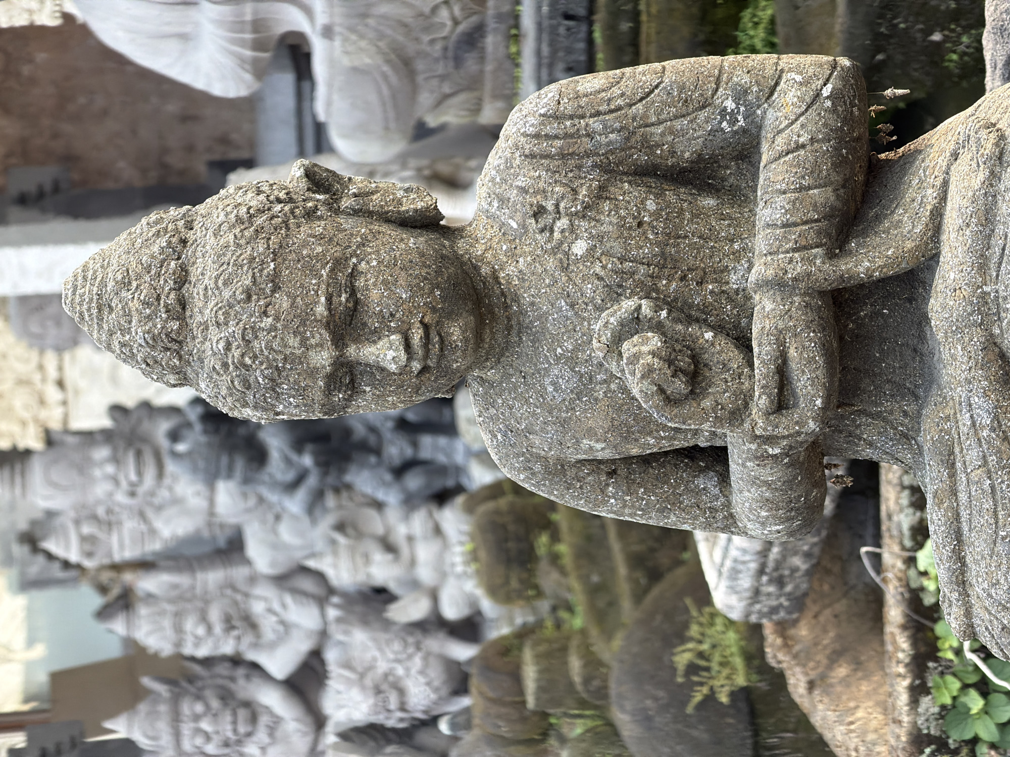 The image is a close-up, eye-level shot of a weathered stone statue of Buddha in a seated meditative pose. The statue is in the foreground, with its textured, rough surface covered in some lichen and moss, indicating age and exposure to the elements. The Buddha's hands are clasped in his lap, and his eyes are downcast. Behind the primary subject, a collection of other stone sculptures are visible, also appearing weathered and aged. These background figures are less distinct due to the shallow depth of field. Among them, some appear to be gargoyle-like figures or deities with elaborate headdresses and facial features. The setting seems to be an outdoor display or a garden for stone carvings, possibly a workshop or a place of worship. The ground around the statues is covered with moss and low-lying vegetation, suggesting a tropical or humid environment. The lighting is soft, likely from an overcast day or diffused sunlight, casting gentle shadows. The overall impression is one of serenity and timelessness, common in religious sites in places like Ubud District, Indonesia, which is known for its artistic traditions and spiritual atmosphere.