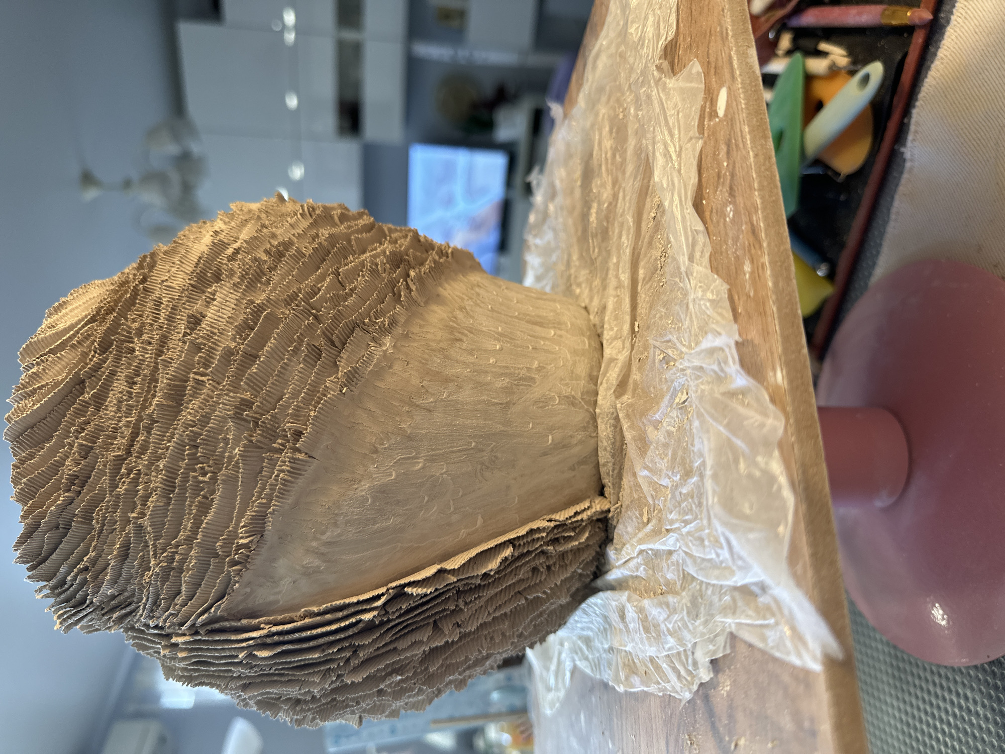The image shows a close-up view of a large, textured sculpture, possibly made of clay or a similar material. The sculpture has a rough, layered surface that resembles gills or scales. It is placed on a wooden board covered with crinkled plastic wrap, which has some scattered dust or material on it. The sculpture is resting on a pink stand. In the background, a television screen is visible, displaying an image, and other out-of-focus elements of an interior space are present, including what appears to be a chandelier and furniture. The setting appears to be indoors, likely a home or studio. There are no people visible in the image.