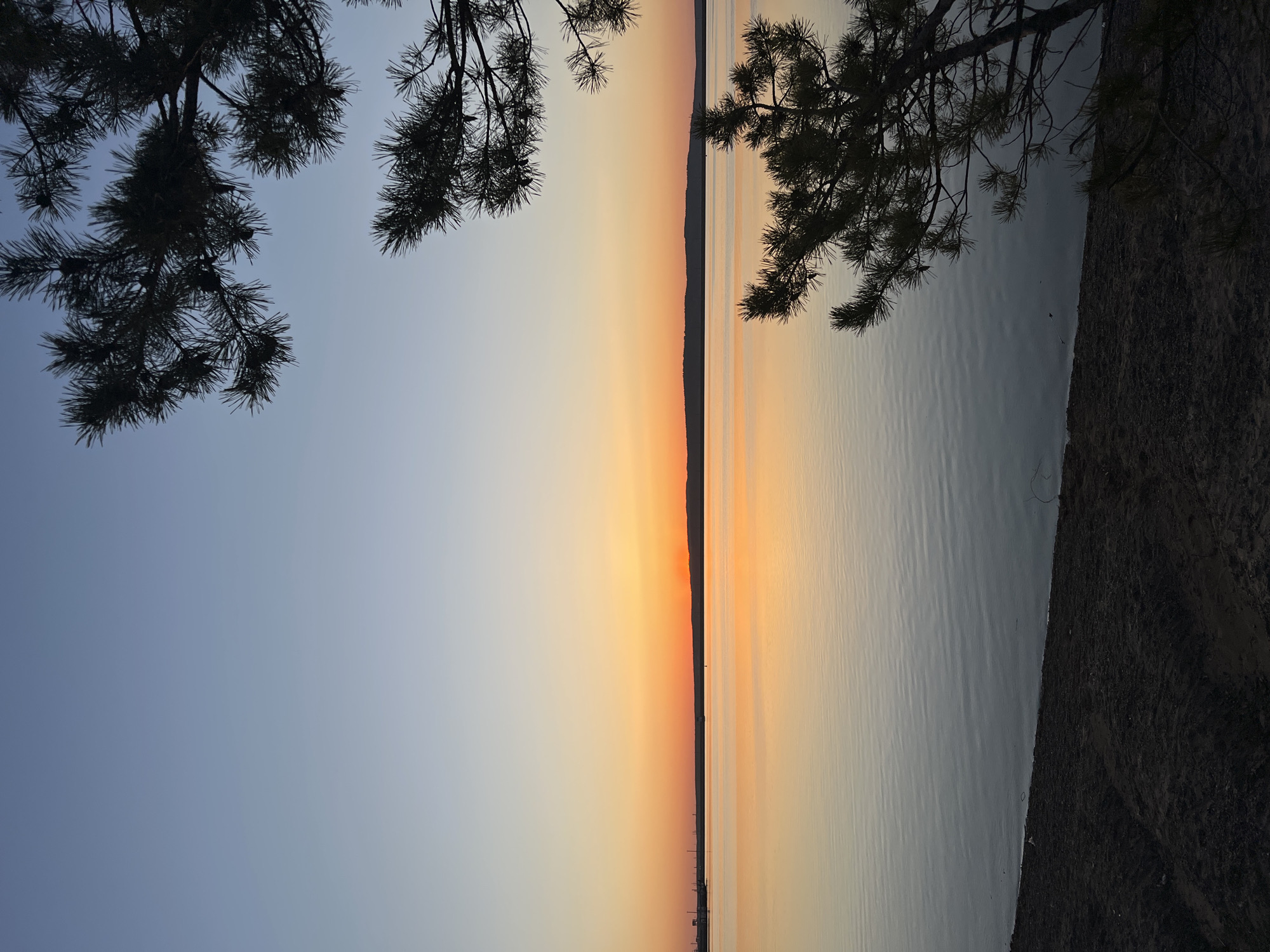 The image captures a sunset scene in Chaikovsky, Russia. The sky transitions from blue to orange hues, reflecting on the water's surface. The image is framed by tree branches in the upper corners. The right side of the image shows a shoreline with dark soil. The horizon line features a strip of land.