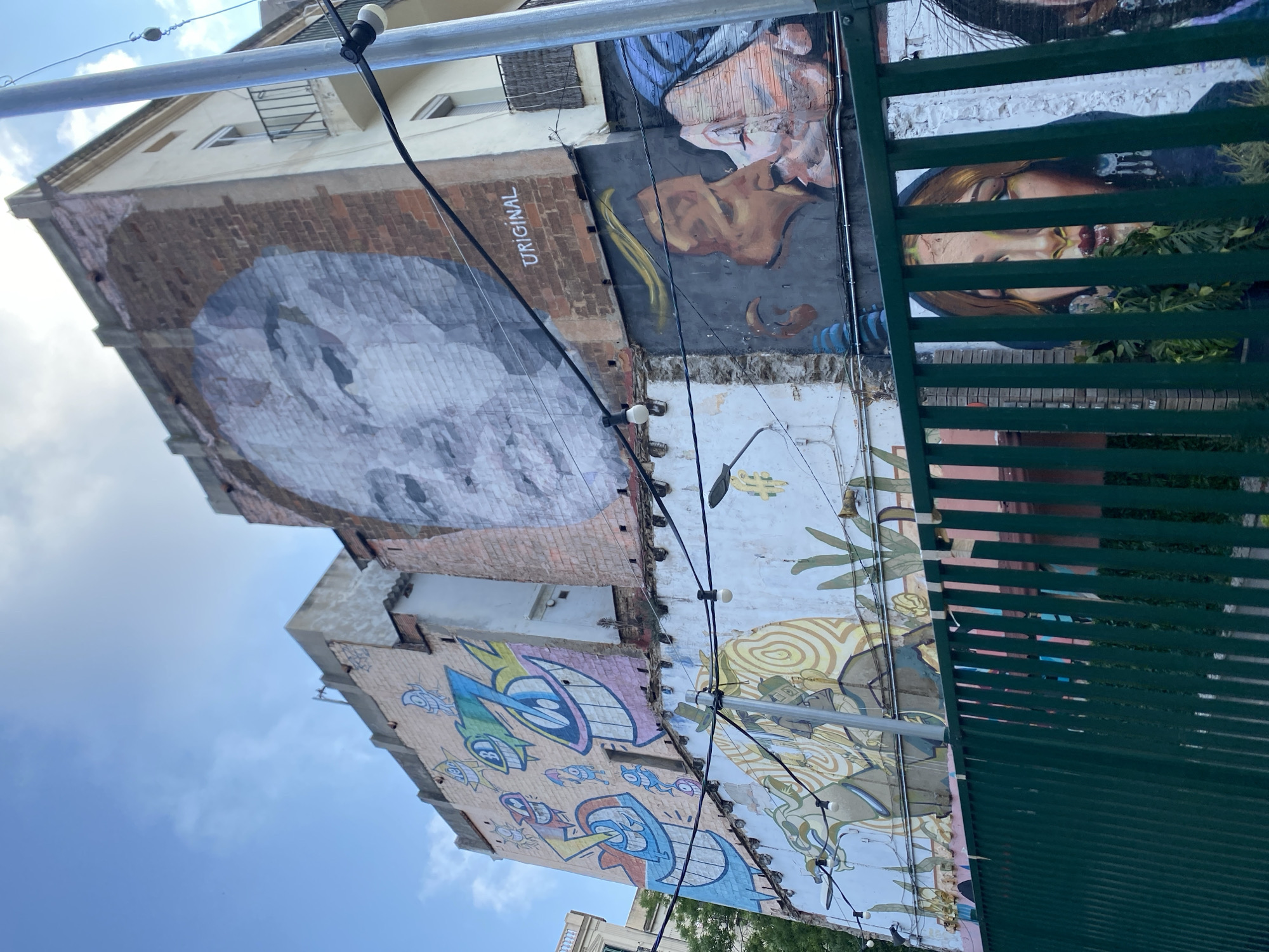 This media file captures a vibrant, vertically oriented street art display covering the facades of several buildings, set against a partly cloudy blue sky. The image is taken from a low angle, looking upwards, with the buildings appearing to lean due to the tilted perspective. The setting is an urban environment, specifically Barcelona, Spain, known for its extensive street art.
Multiple distinct murals adorn the building walls. On the upper-right section, a large portrait depicts a person with brown hair and reddish lips, partly obscured by a dark green metal fence that runs vertically along the right edge of the frame. Above this, another portrait of an individual with darker features looks upwards. Below this, on a darker wall segment, a yellow, elongated shape resembles a banana, and another brown, abstract form is visible.
To the left of these portraits, on a brick wall, a large, intricate mural depicts an abstract, skull-like or moon-like face in shades of gray and white. The word "URIGINAL" is clearly visible in white capital letters on the brickwork adjacent to this mural.
Further down the building, towards the bottom left, the murals shift to a more cartoonish style. Here, colorful, stylized characters with large eyes and expressive features are painted in bright blues, greens, yellows, and pinks. Below these, another section features organic, swirling patterns and muted tones, suggesting natural elements or abstract figures.
Numerous black electrical wires and string lights are strung across the foreground, adding a layer of urban detail to the scene. The time of day appears to be daytime, with clear, bright lighting indicating sunny weather. No specific activity or event is taking place; the image primarily showcases the static art installation.