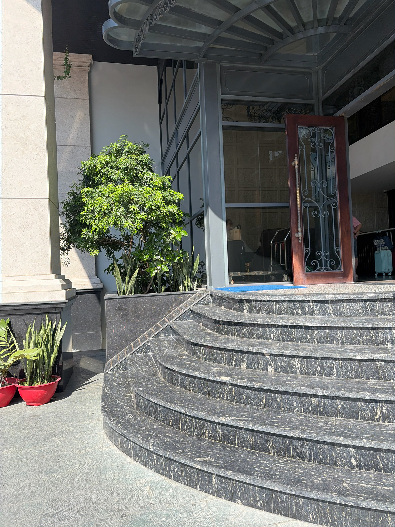 A slightly angled, medium shot captures the entrance to a building with a prominent curved staircase made of dark granite. The staircase leads up to a large, open wooden door with ornate metalwork on the glass. To the left of the staircase, several potted plants, including snake plants in red pots and a lush green tree, are visible. The building facade features a large, light-colored column on the far left and large windows with dark frames. In the background, through the open door, a person is visible pushing a luggage cart, and another person stands near a light blue suitcase. A small blue mat is placed on the ground at the entrance. The scene appears to be on a sunny day, casting shadows on the staircase and the building.