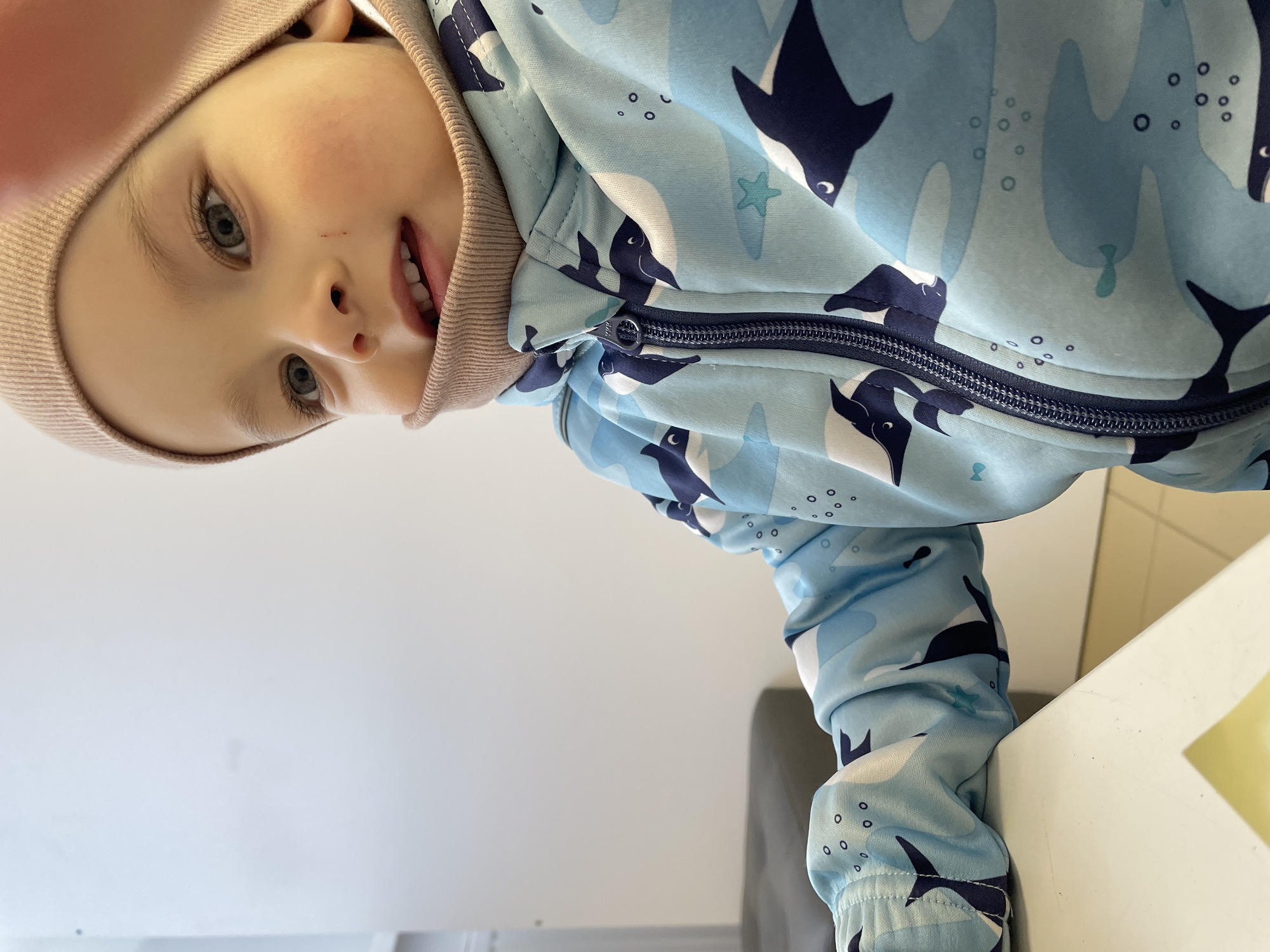 A toddler with gray eyes and wearing a tan hat and a light blue penguin-patterned zip-up jacket looks down at the camera. The toddler's hand is near the edge of a white table. The setting seems to be inside, likely a home or daycare center, given the indoor lighting and furniture. It is impossible to determine the location as Izhevsk, Russia without more context or details present in the image.