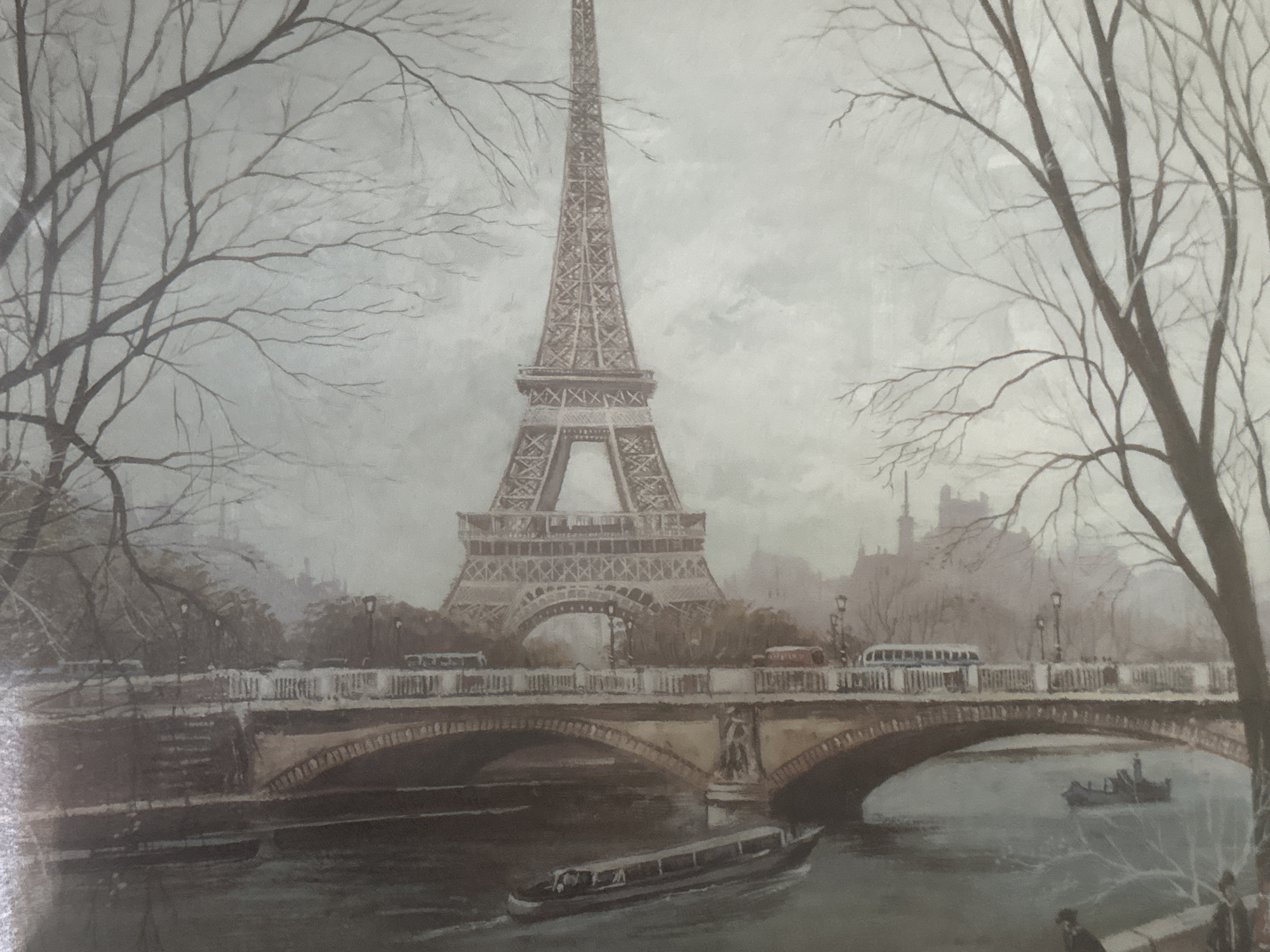 The image is a painting depicting the Eiffel Tower in Paris, France, on a cloudy day. In the foreground, a river flows with a boat sailing on it. A bridge spans the river, with cars and pedestrians visible on top. Bare trees frame the scene on either side. The painting has a muted color palette, creating a somewhat somber and atmospheric mood. There is no depiction of Steenwijk, Netherlands.