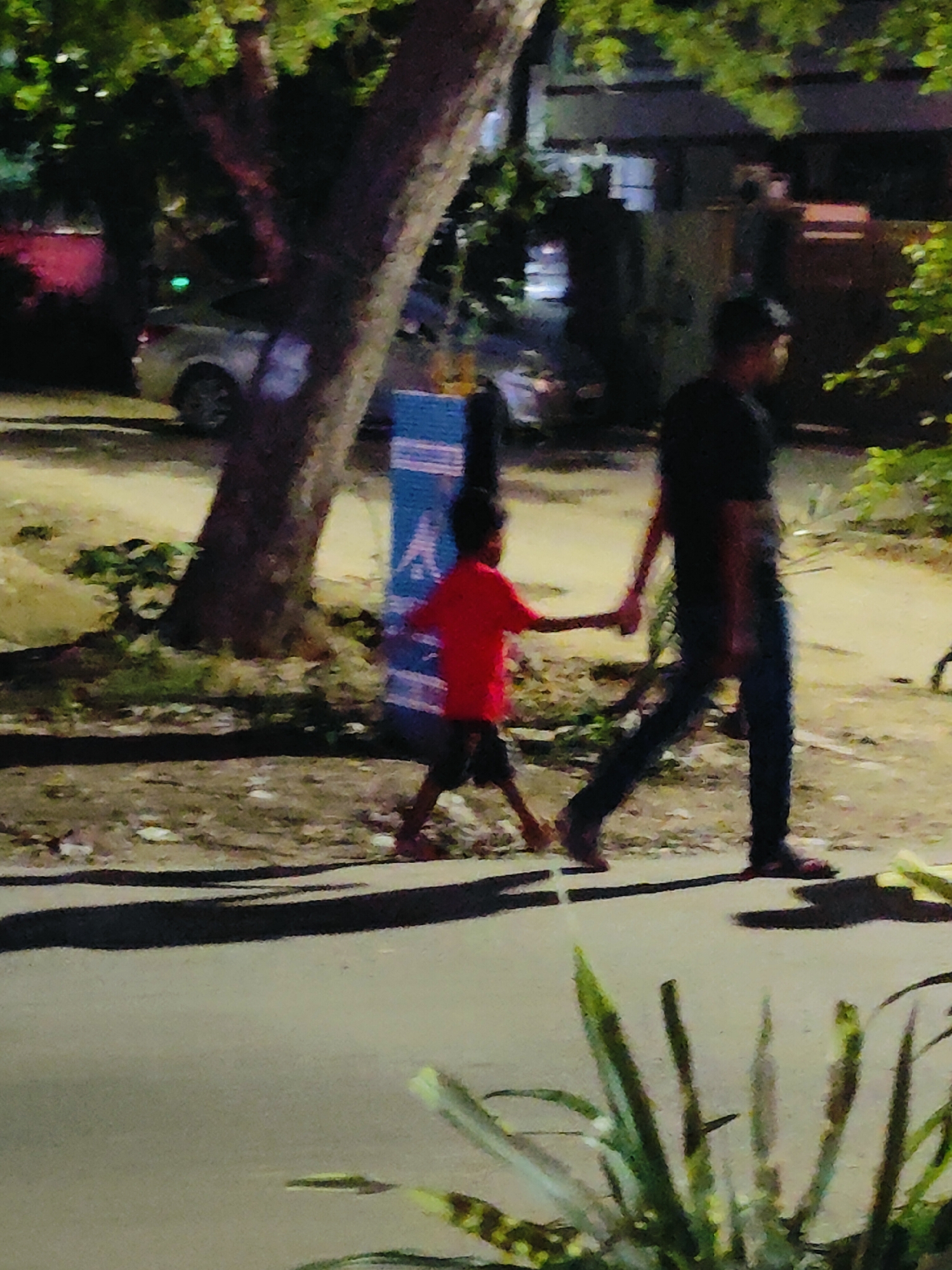 The image depicts two individuals, an adult and a child, walking hand-in-hand on a paved surface, possibly a sidewalk or road, in what appears to be an urban environment in Gurgaon, India. The adult, on the right, is wearing dark trousers and a dark shirt, with their face obscured. The child, on the left, is wearing a red t-shirt and dark shorts, and is also facing away from the camera, towards the right. They are walking past a tree with a rough bark texture and foliage above. In the background, there are glimpses of buildings and a silver car parked on the side, partially obscured by trees and vegetation. The lighting suggests it is either early morning or late evening. A blue and white structure is also visible in the background, to the left of the adult. The ground is a mix of pavement and dirt, with some scattered debris. Lush green plants are present in the foreground, partially framing the scene. The overall atmosphere appears to be casual, with the two figures moving together.