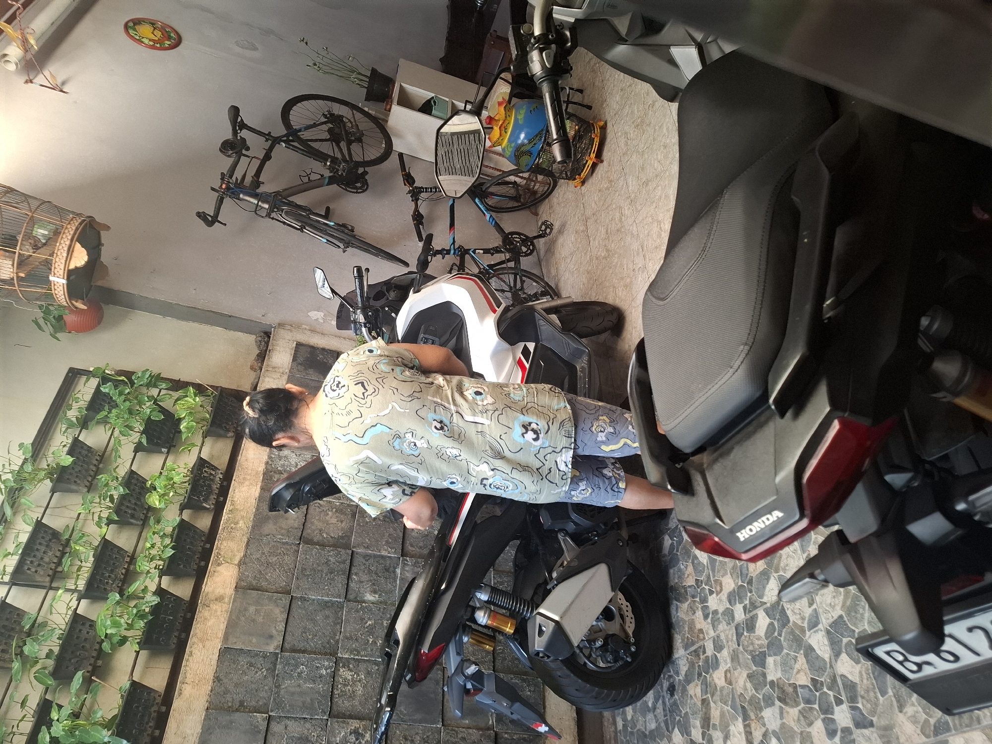 The image depicts an outdoor scene in West Jakarta, Indonesia. A person with dark hair pulled back is standing and interacting with a parked black and white motorcycle. The person is wearing a light-colored t-shirt with a floral pattern and patterned shorts. To the left of the person and motorcycle is a wall covered with a vertical garden featuring numerous small potted plants. Behind the motorcycle, another black motorcycle is partially visible. Further to the right, two bicycles are leaning against a light-colored wall. A birdcage hangs from a hook on the wall above the bicycles, and a small decorative plate is also mounted there. The ground is paved with square tiles. In the foreground, a dark-colored motorcycle seat is visible.