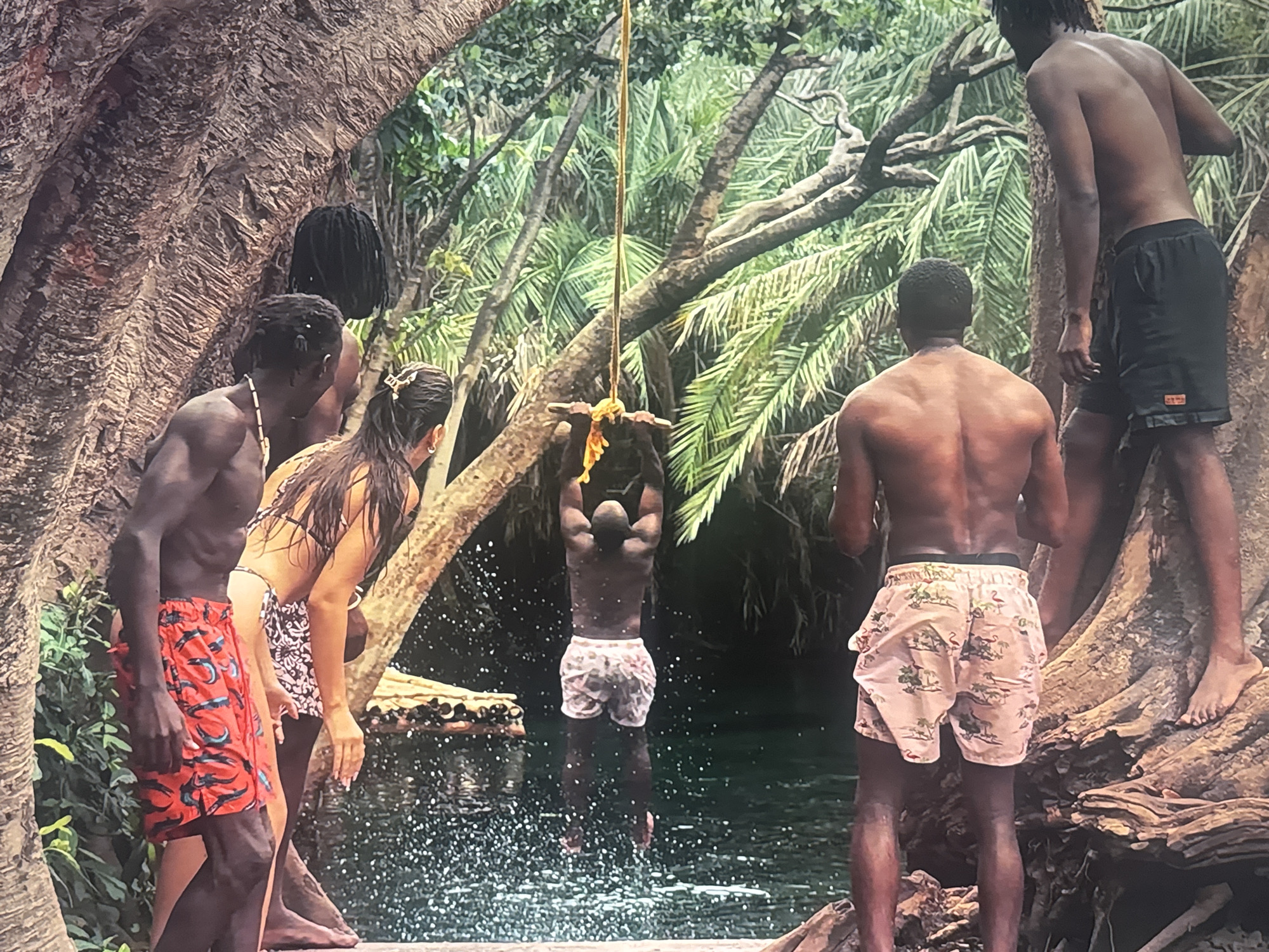 The image depicts a group of young adults in a natural setting near a body of water. In the foreground, on the left, a person wearing red swim trunks with a fish pattern stands facing right. To their right, a person wearing a black and white patterned bikini top and bottom faces away from the camera. Behind them, partially obscured, is another person with dark, braided hair. In the center of the image, a person is suspended in the air, swinging from a rope tied to a branch overhead. This person is wearing light-colored patterned swim trunks and is in the process of entering the water, with water splashing around them. To the right of the swinging person, a person wearing black swim trunks stands facing left, looking towards the swinging individual. Further to the right, a person wearing light-colored swim trunks with a palm tree and flamingo pattern stands facing left. The background is filled with lush green foliage and trees, suggesting a tropical or jungle environment. The water is dark and appears to be still, with ripples and splashes indicating movement. Large tree trunks and branches frame the scene. The overall impression is one of recreation and adventure in a natural, outdoor environment.