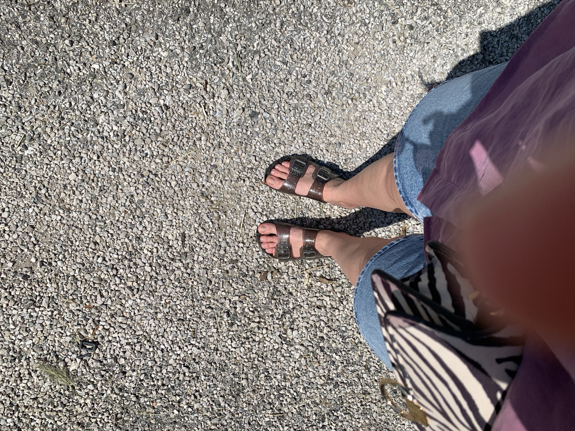 The image presents an overhead view of a person's lower body, focused on their feet and the ground beneath, set in Fethiye, Turkey. The main subject is a person whose legs and feet are visible, dressed in light blue denim shorts and a purple top or dress, a portion of which is seen on the right side of the frame. On their feet, they wear transparent jelly sandals with two silver-colored buckles on each, possibly containing glitter. A zebra-striped bag with a gold-colored clasp or ring is partially visible on the right, held or placed near the person.
The scene is an outdoor setting with a ground composed of small, light gray and white pebbles or gravel, interspersed with some dry grass and twigs. Bright sunlight bathes the scene, casting distinct shadows from the person and objects, indicating clear and sunny weather during daytime. No specific activity beyond standing or walking is discernible, and no visible text is present in the image.