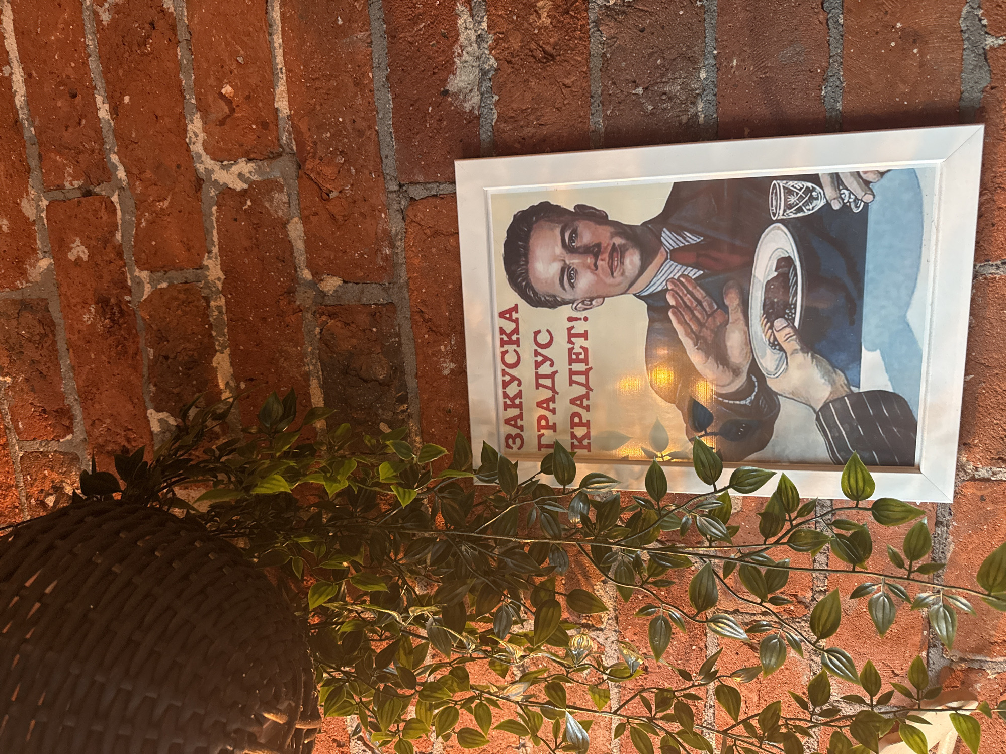 A framed poster hangs on a red brick wall next to a dark, round wicker object with artificial green leafy branches coming out of it. The poster, framed in white, features a painting of a man in a suit gesturing away from a plate being offered to him. The poster contains red text that reads "ЗАКУСКА ГРАДУС КРАДЁТ!" in Cyrillic. The scene is lit by ambient light. The location is Moscow, Russia.