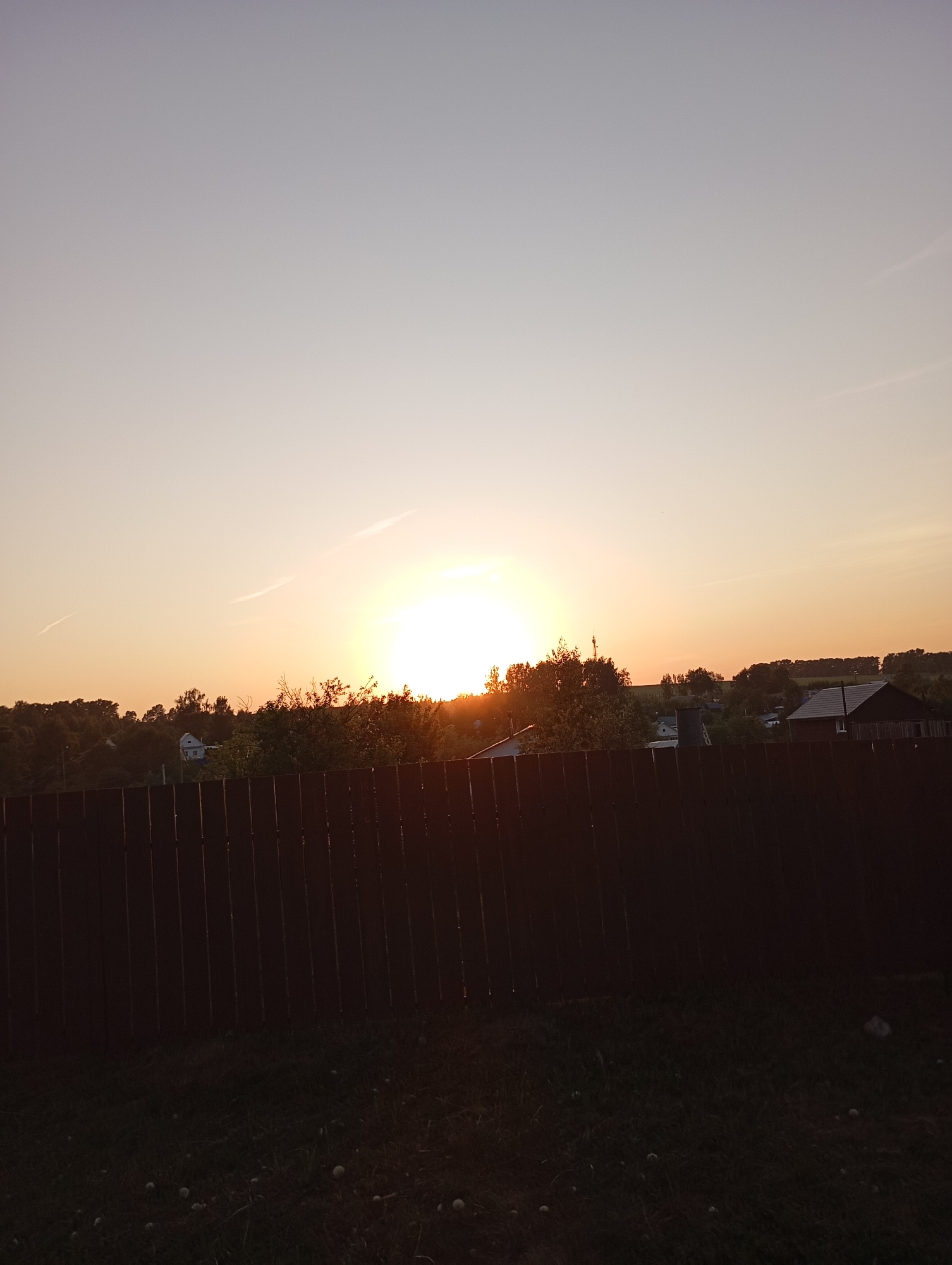 The image shows a sunset scene in a location of Unknown, Unknown. The sky is light orange, with the sun at the horizon. Trees are visible in the middle ground, behind a dark brown fence. In the foreground is dark ground with what appears to be grass or vegetation.