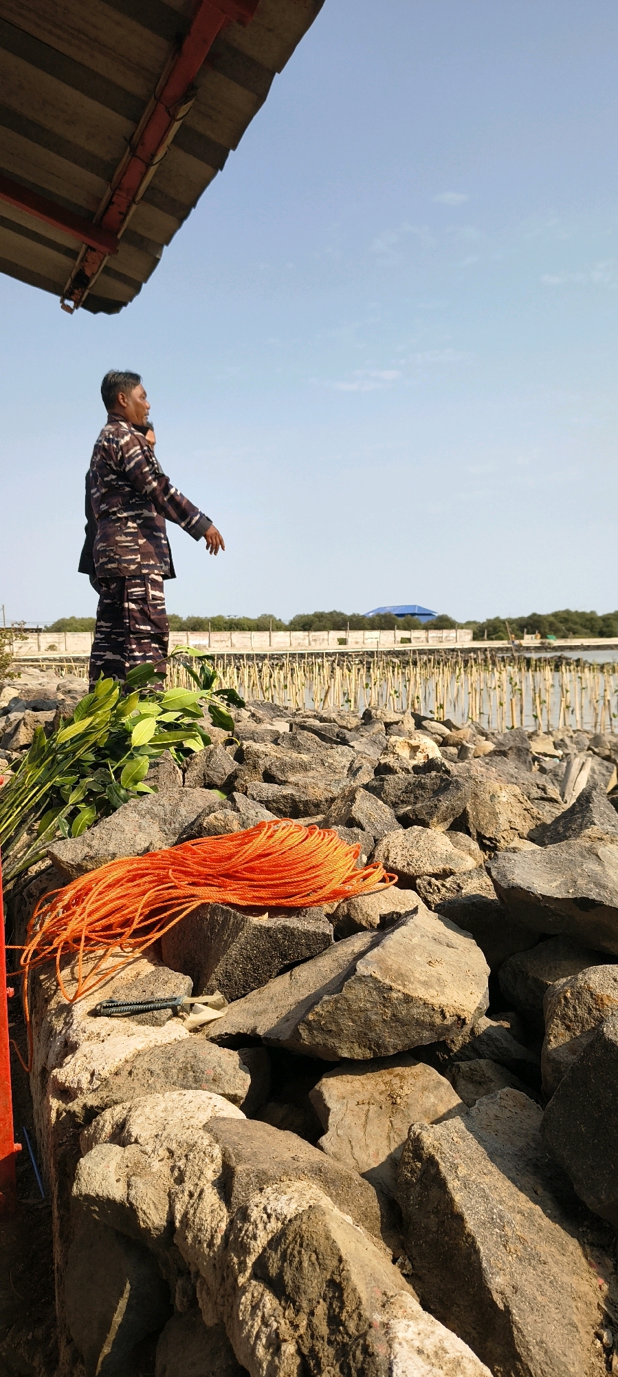 A man in camouflage fatigues stands on a rocky embankment, looking to his left and gesturing with his right hand. In front of him, on the rocks, lie a bundle of green leaves and a coiled orange rope. A utility knife rests beside the rope. Behind the man, a wooden pier extends into the water, with bamboo poles planted in a line. The scene is set against a clear blue sky and appears to be in a coastal area, potentially the city of Gebang, Indonesia, given the presence of mangroves and the style of construction.