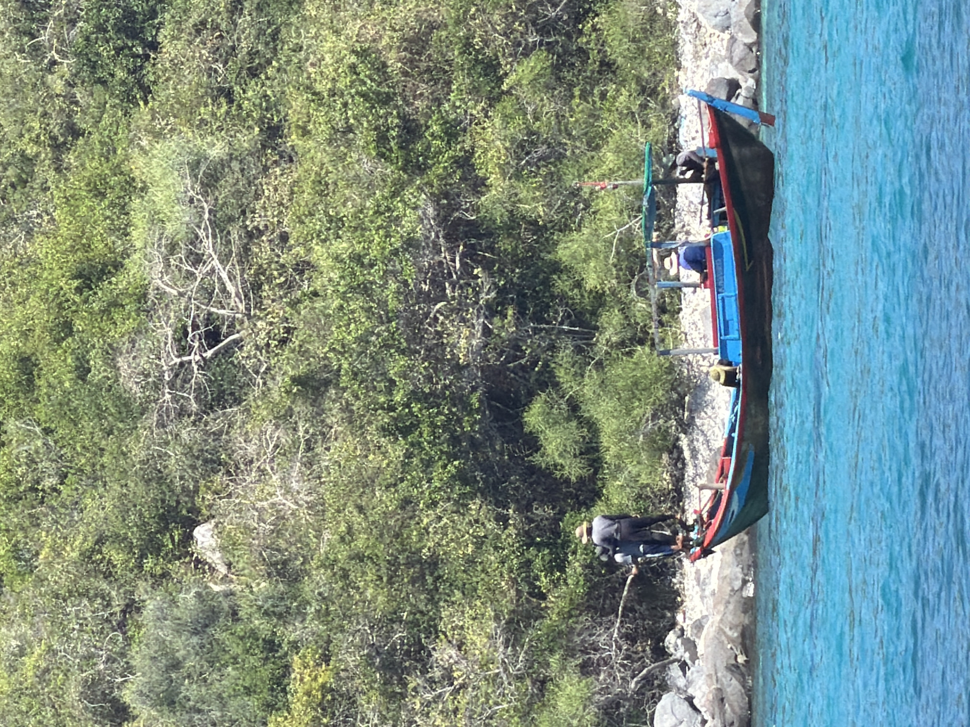 The image depicts a long, narrow boat pulled ashore on a rocky beach in Nha Trang Ward, Vietnam. The boat is painted with a combination of dark (possibly black or dark gray), red, and blue sections. Three people are visible on or near the boat. One person is at the front of the boat, another appears to be sitting in the middle, and a third is near the rear, potentially pushing or pulling the boat. The coastline is characterized by a steep embankment densely covered with green trees and vegetation. The water is a vibrant turquoise blue, indicating clear and possibly shallow conditions near the shore.