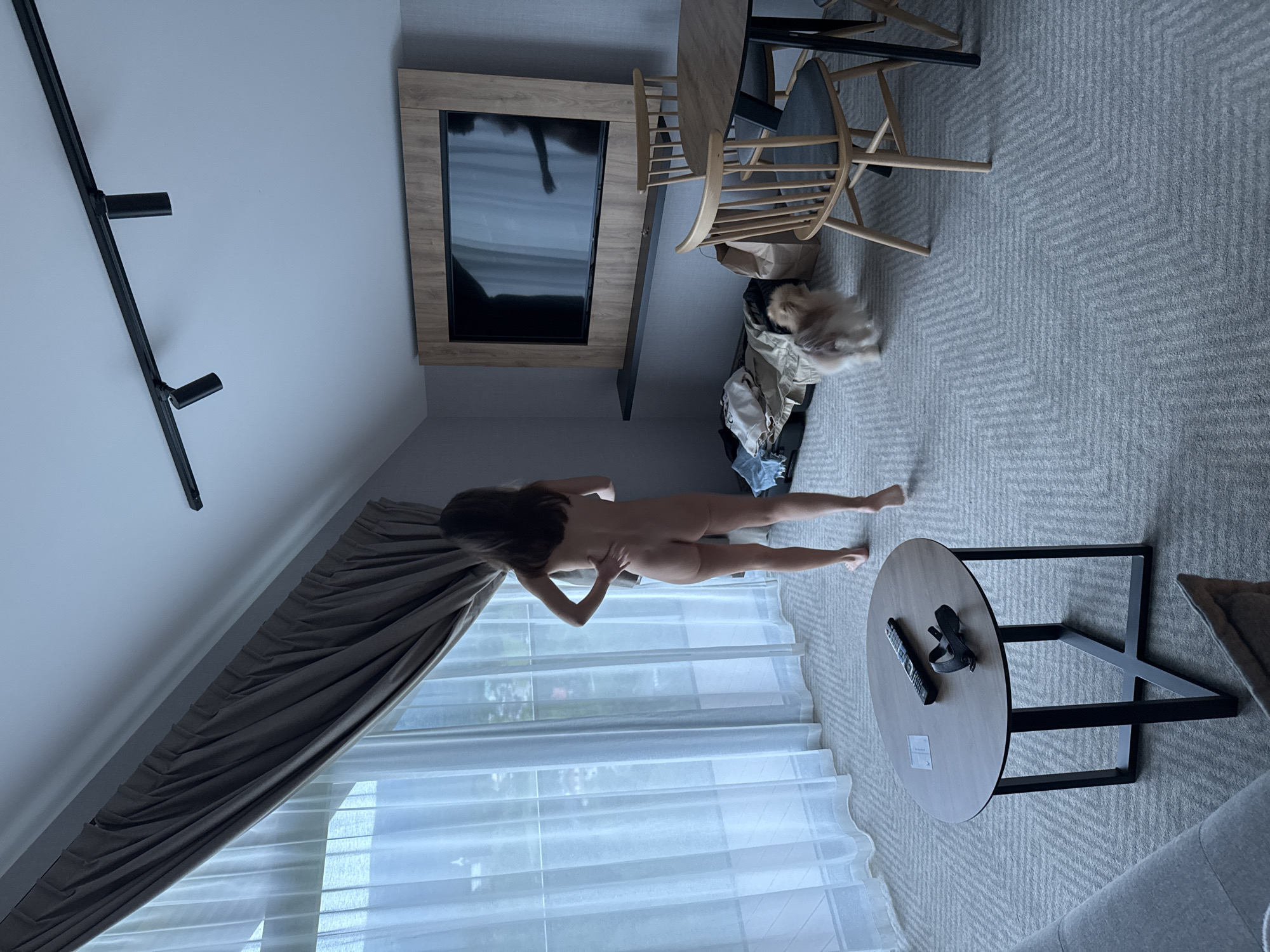 The image shows an indoor room, likely a hotel room or apartment, with modern furnishings. The floor is covered with a light grey carpet featuring a subtle geometric pattern.
In the foreground, a round wooden coffee table with a black metal base is visible. On the table, there is a black remote control and a black strap or object. A small white card with illegible blue text is also on the table. To the right, part of a light grey sofa or bed is visible.
A woman is standing in the middle ground, facing away from the camera and looking out a large window. She appears to be partially nude, wearing what looks like skin-toned underwear or a bodysuit, with her left hand placed on her lower back. The window is covered by sheer white curtains, with a heavier dark grey curtain tied back on the left side. Outside the window, diffuse light suggests daytime, and reflections hint at greenery.
In the background, there is a wooden dining table with several light-colored wooden chairs. A wall-mounted television is recessed into a wooden frame on the wall. Below the TV, there's a dark shelf. Near the dining table, a small fluffy dog with light-colored fur is lying on the carpet next to a pile of clothes or a bag. A black linear light fixture is mounted on the wall to the far left.
The overall scene depicts a well-lit, contemporary living space.