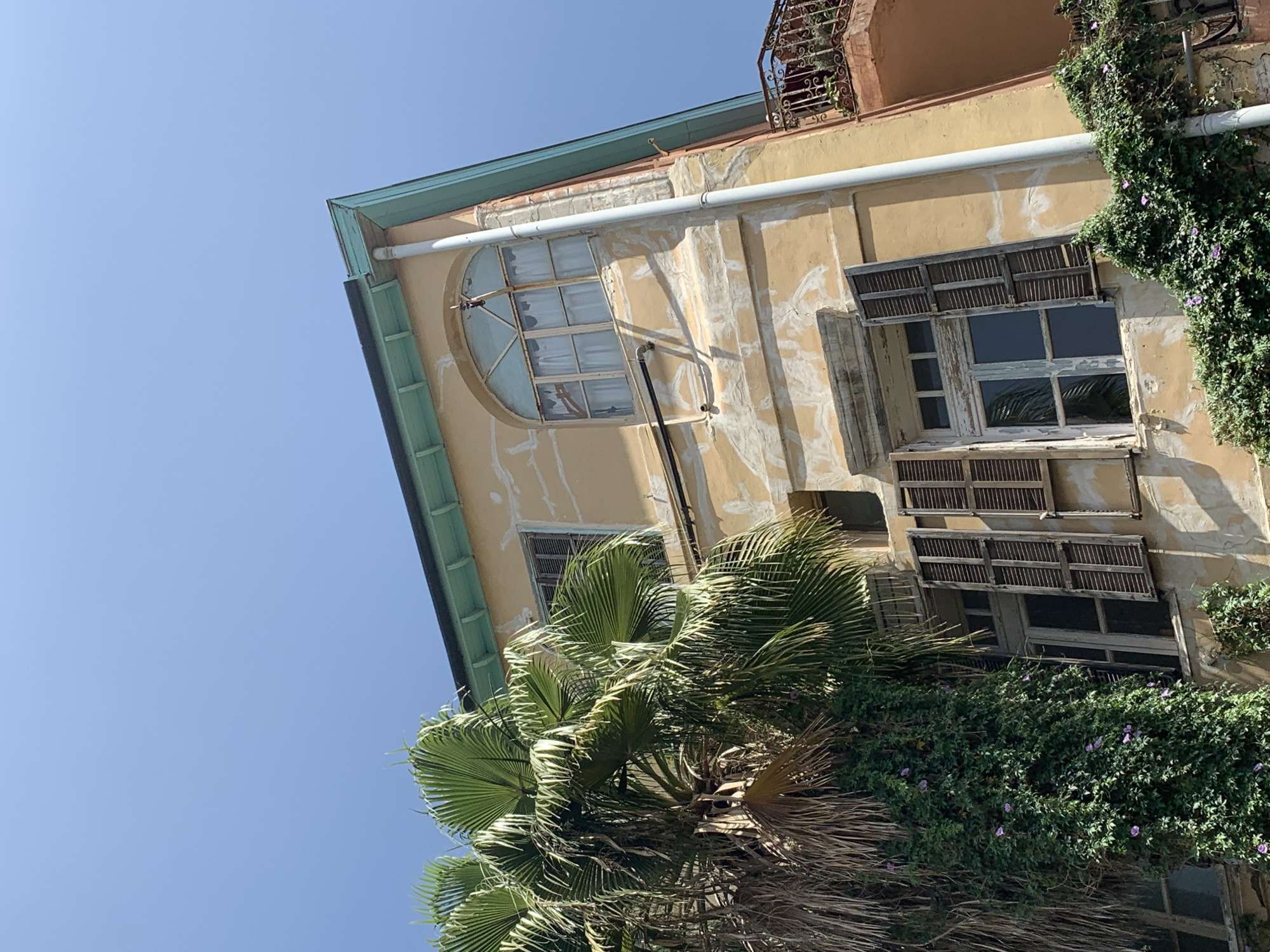 The image shows a low-angle view of a building in Tel Aviv, Israel, with a yellow facade. The building is two stories tall with peeling paint and white patched repairs. A white pipe runs along the side of the building above an arched window. There are two additional windows with partially open dark shutters on the side of the building. A rusted balcony is visible at the top corner of the building. A palm tree and green foliage cover parts of the building. The sky is clear and blue.